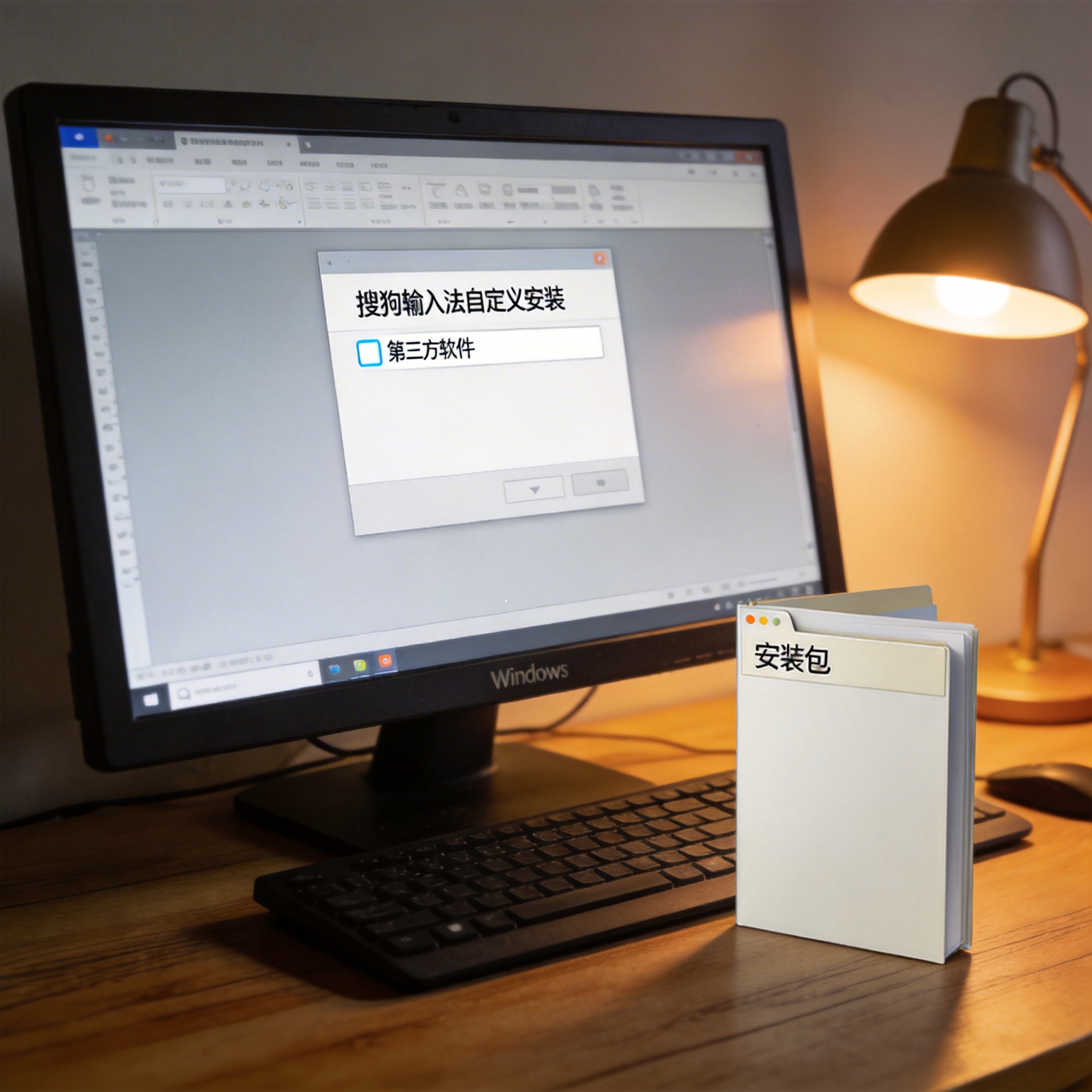 书桌上的Windows系统电脑，屏幕显示搜狗输入法自定义安装界面，界面里的第三方软件勾选框已取消，旁边立着打开的安装包文件夹，台灯暖光