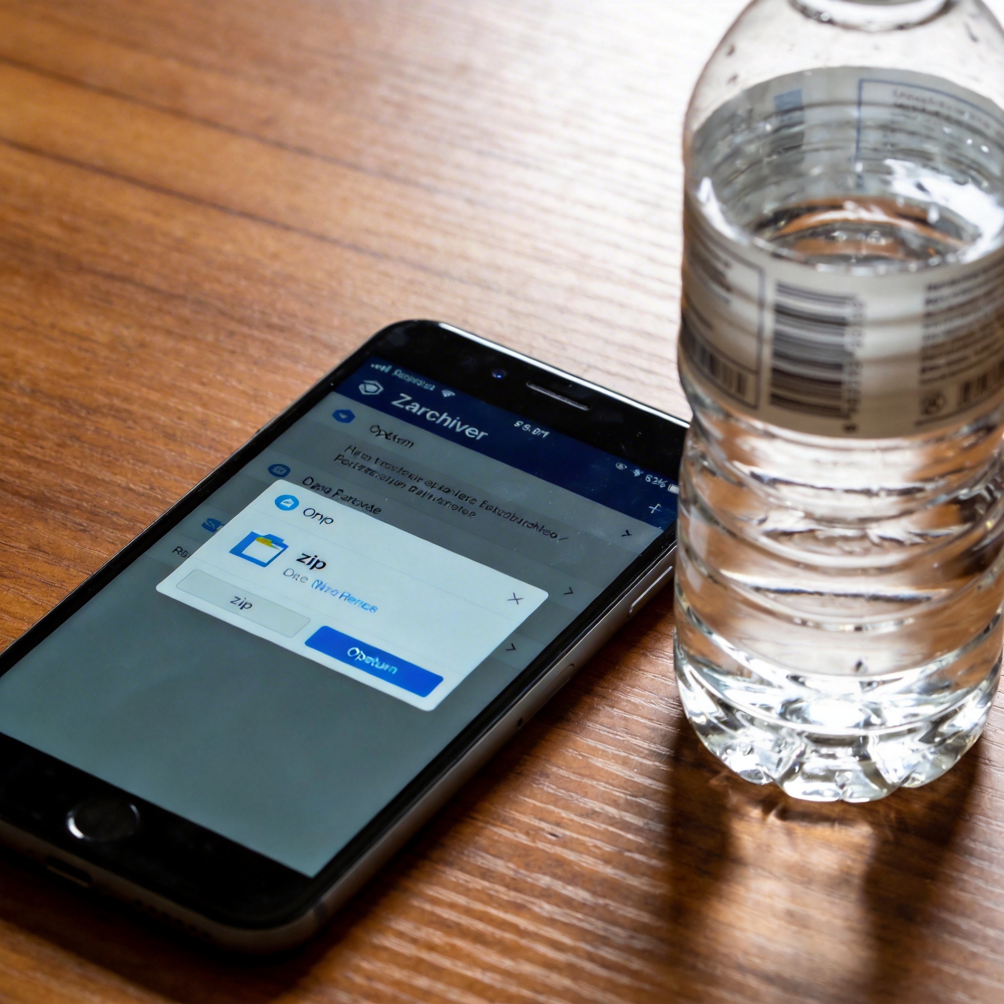 安卓手机放在桌面，屏幕显示ZArchiver软件界面，打开的zip文件操作菜单弹出，旁边放着半瓶矿泉水，室内自然光