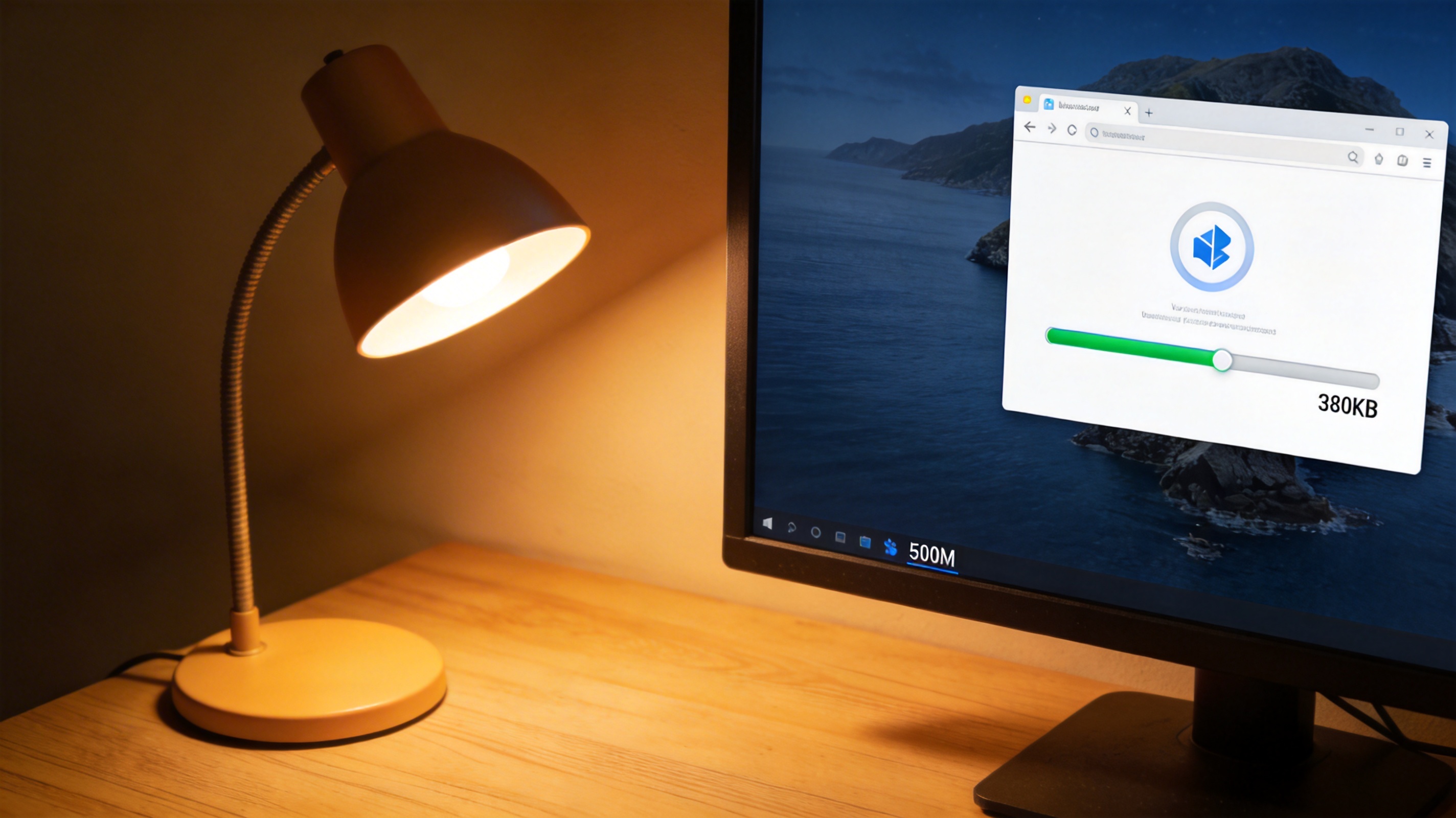 电脑屏幕显示浏览器下载界面，进度条旁标注速度380KB，桌面右下角显示网络连接为500M，台灯暖光