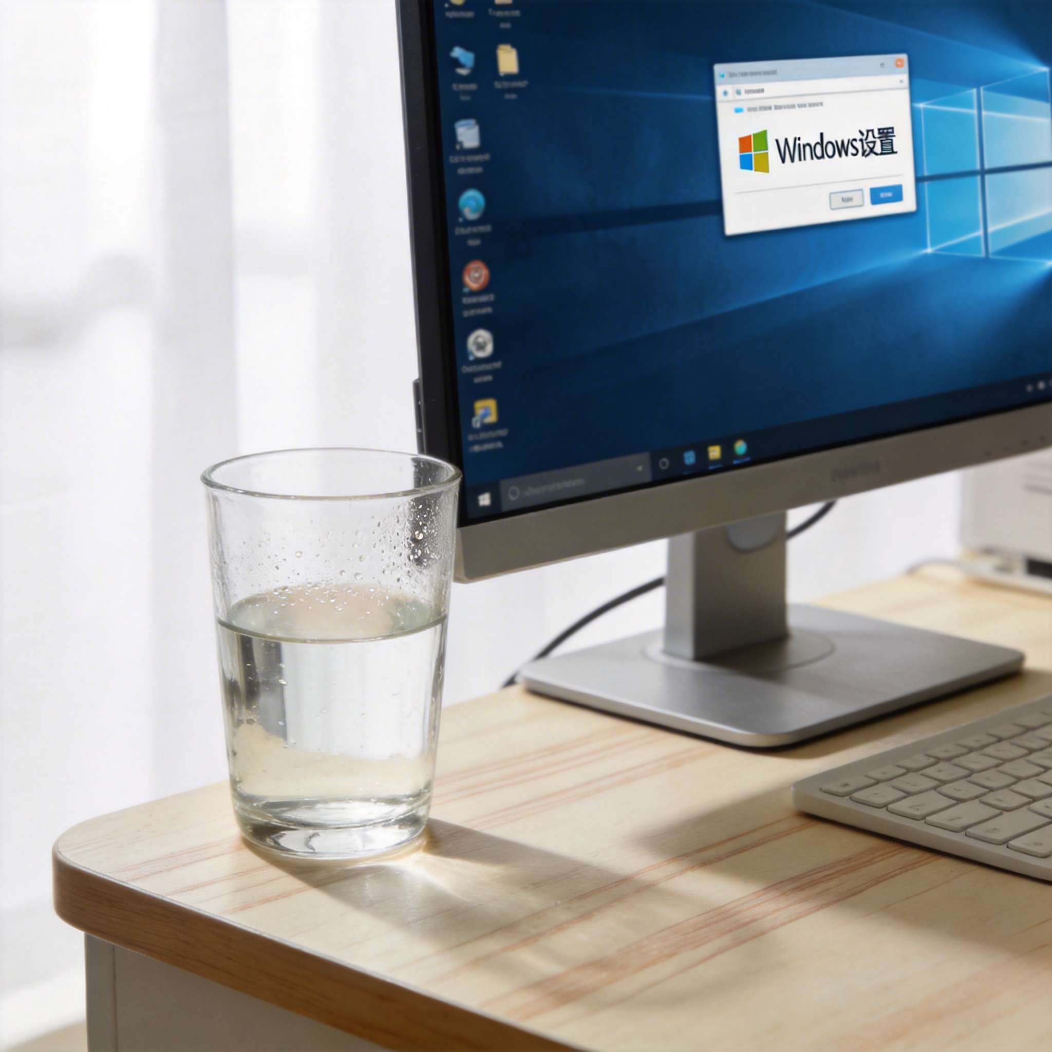 书桌上的主机，屏幕显示Windows设置界面，桌角放着水杯，自然光