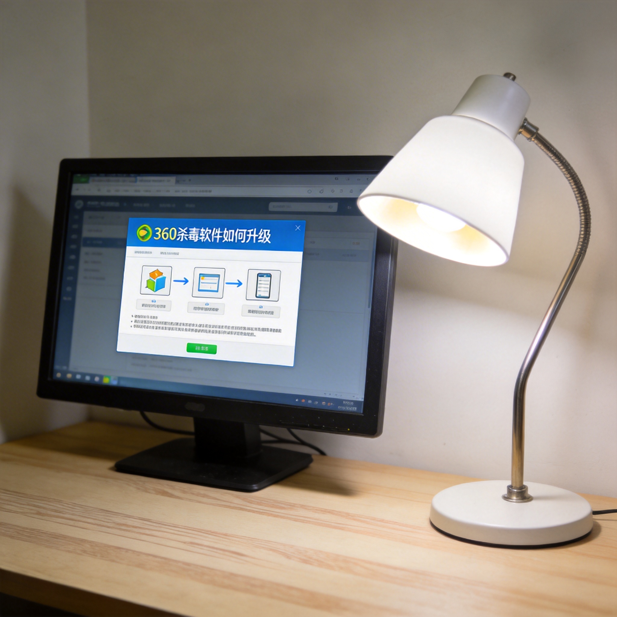 电脑桌上的电脑，屏幕显示360 杀毒软件如何升级界面，旁边放着台灯
