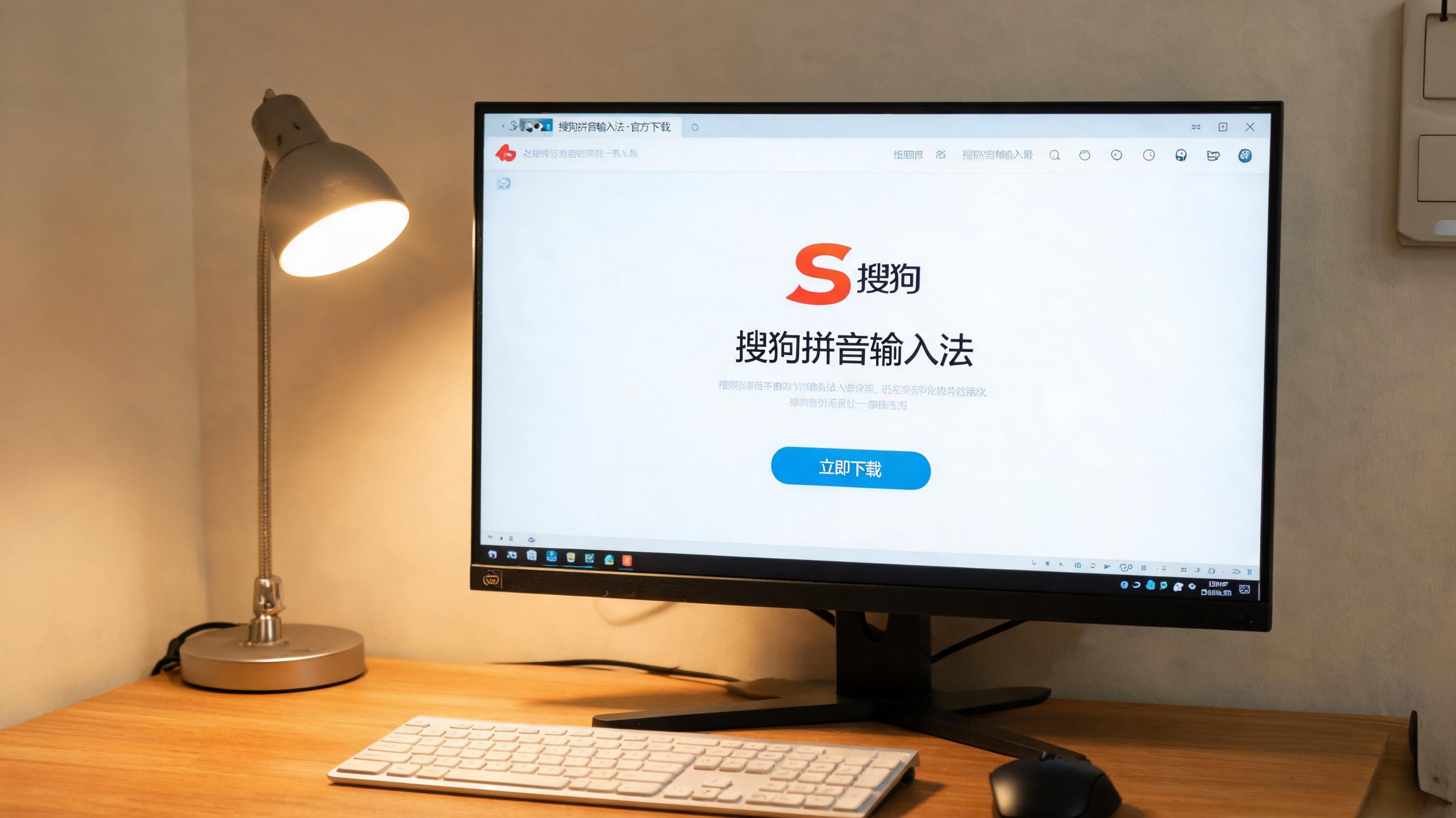 电脑桌上的电脑，屏幕显示搜狗拼音输入法下载界面，旁边放着台灯