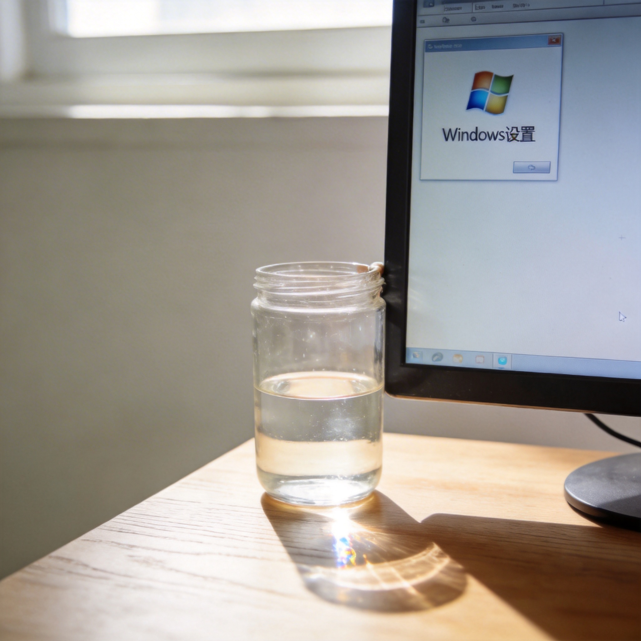 书桌上的电脑，屏幕显示Windows设置界面，桌角放着水杯，自然光