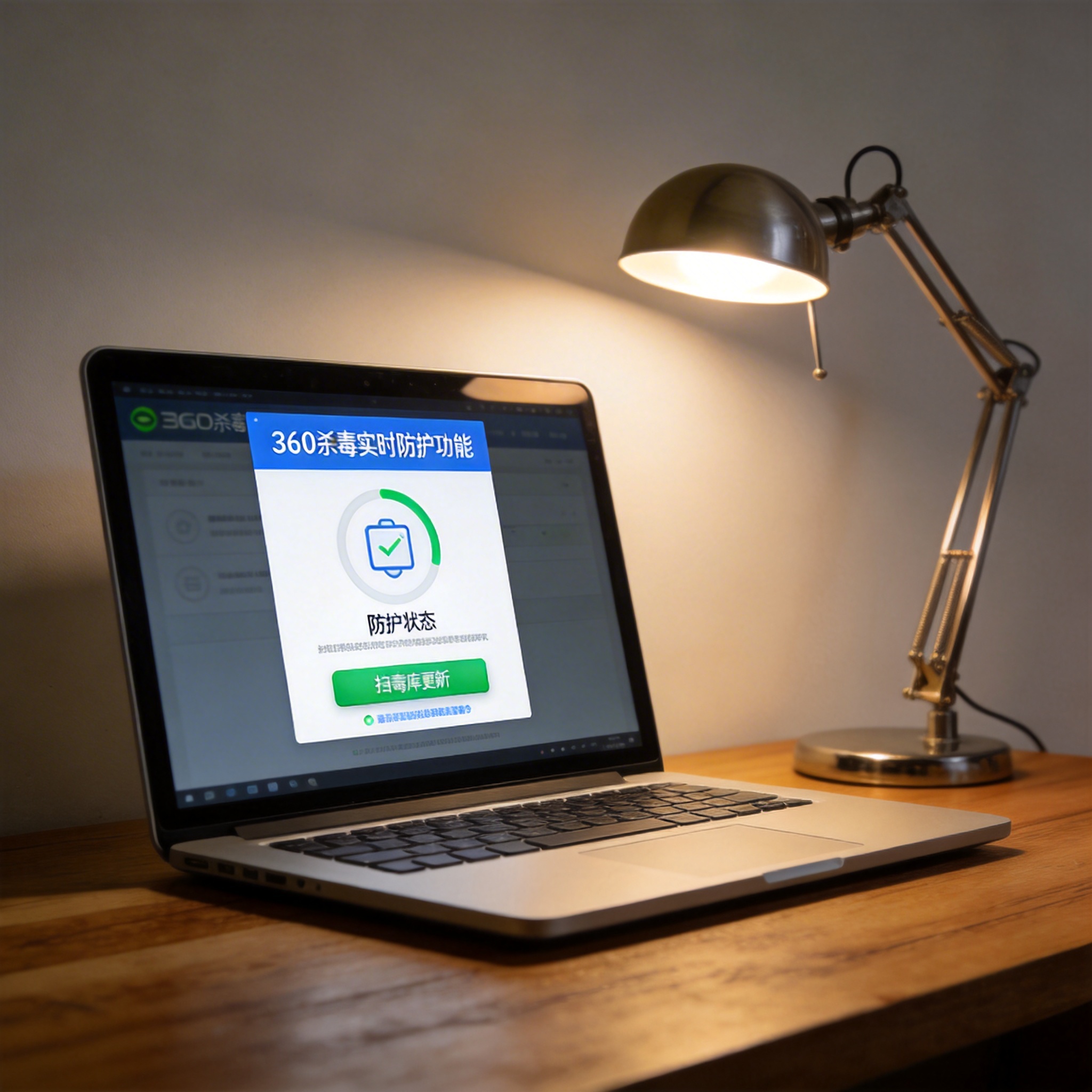 电脑桌上的电脑，屏幕显示360 杀毒实时防护功能界面，旁边放着台灯