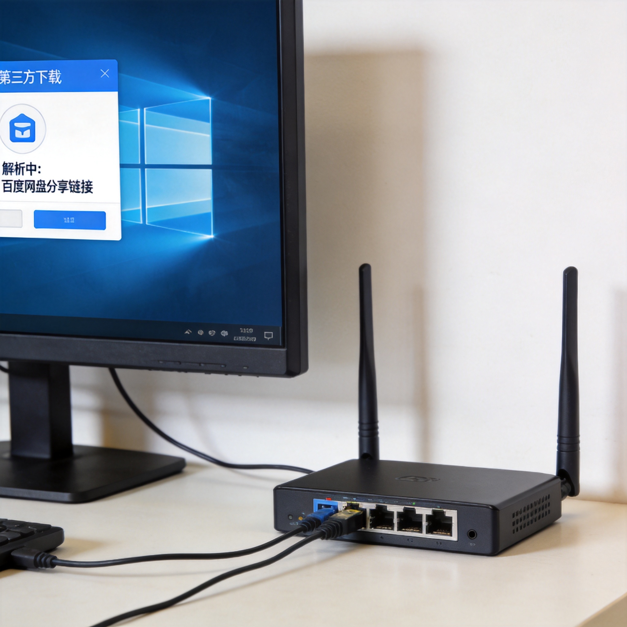 电脑桌的电脑屏幕显示第三方下载工具界面，正在解析百度网盘分享链接，旁边放着连有线网络的路由器，室内自然光