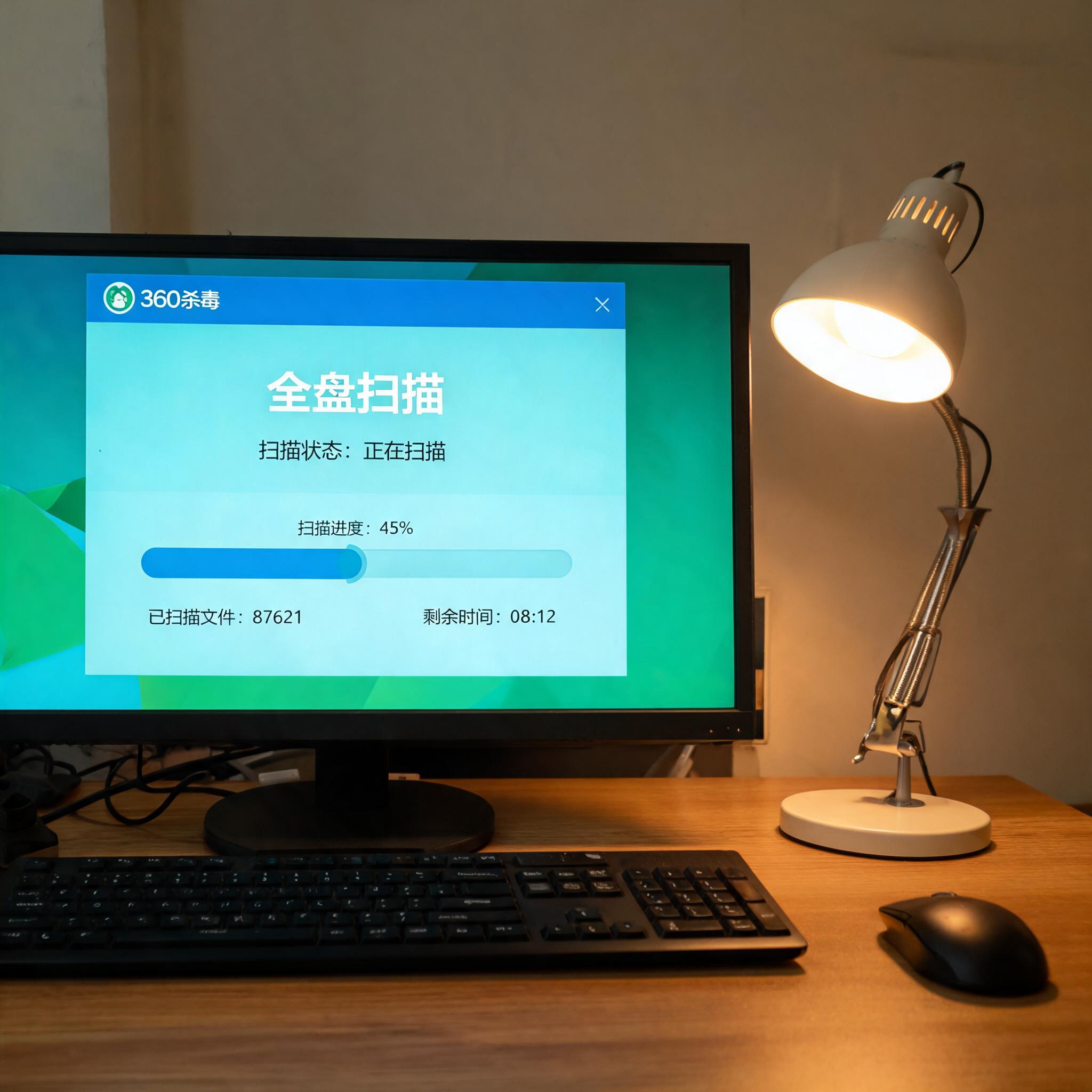 电脑桌上的电脑，屏幕显示360 杀毒全盘扫描界面，旁边放着台灯