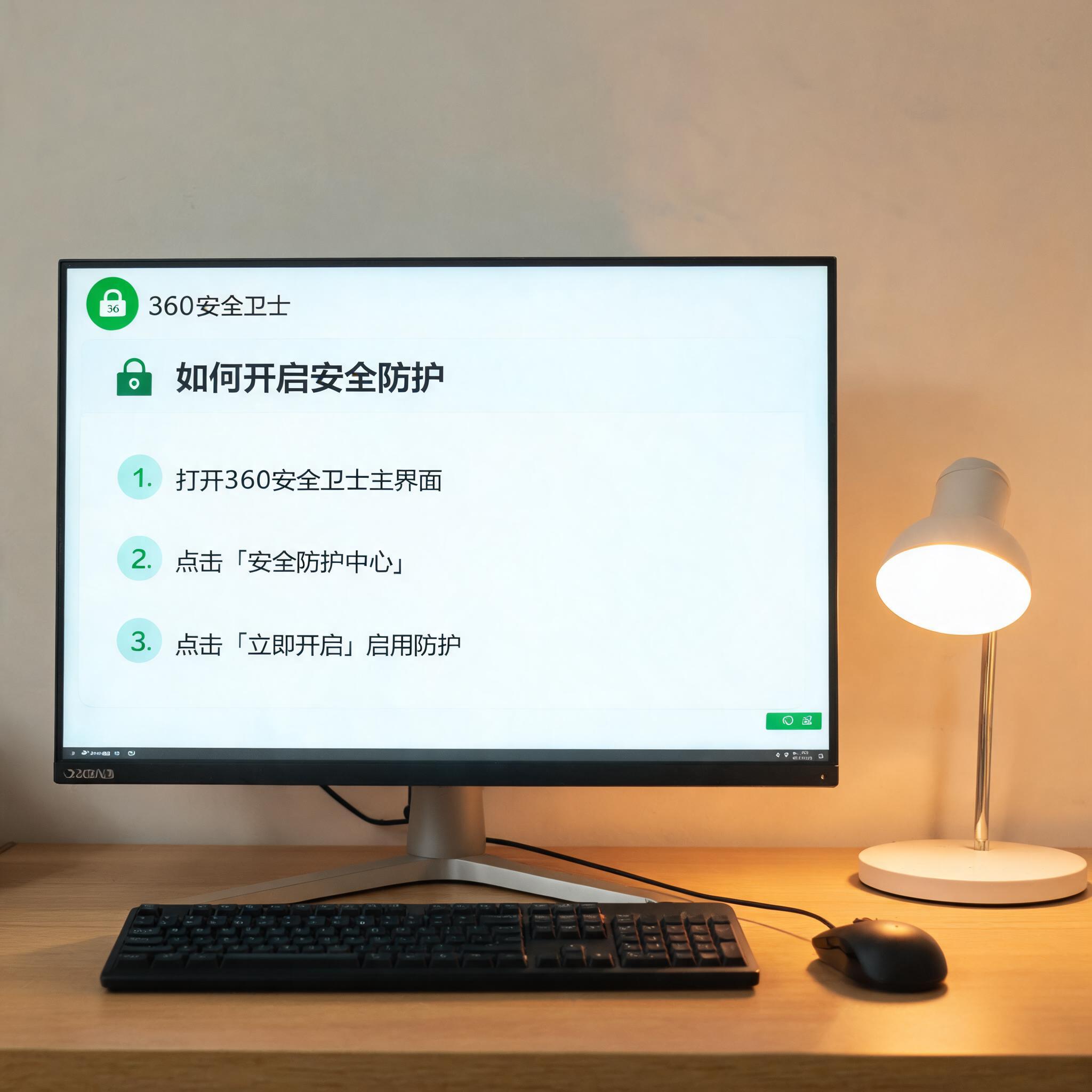 电脑桌上的电脑，屏幕显示360 卫士怎么开启安全防护界面，旁边放着台灯
