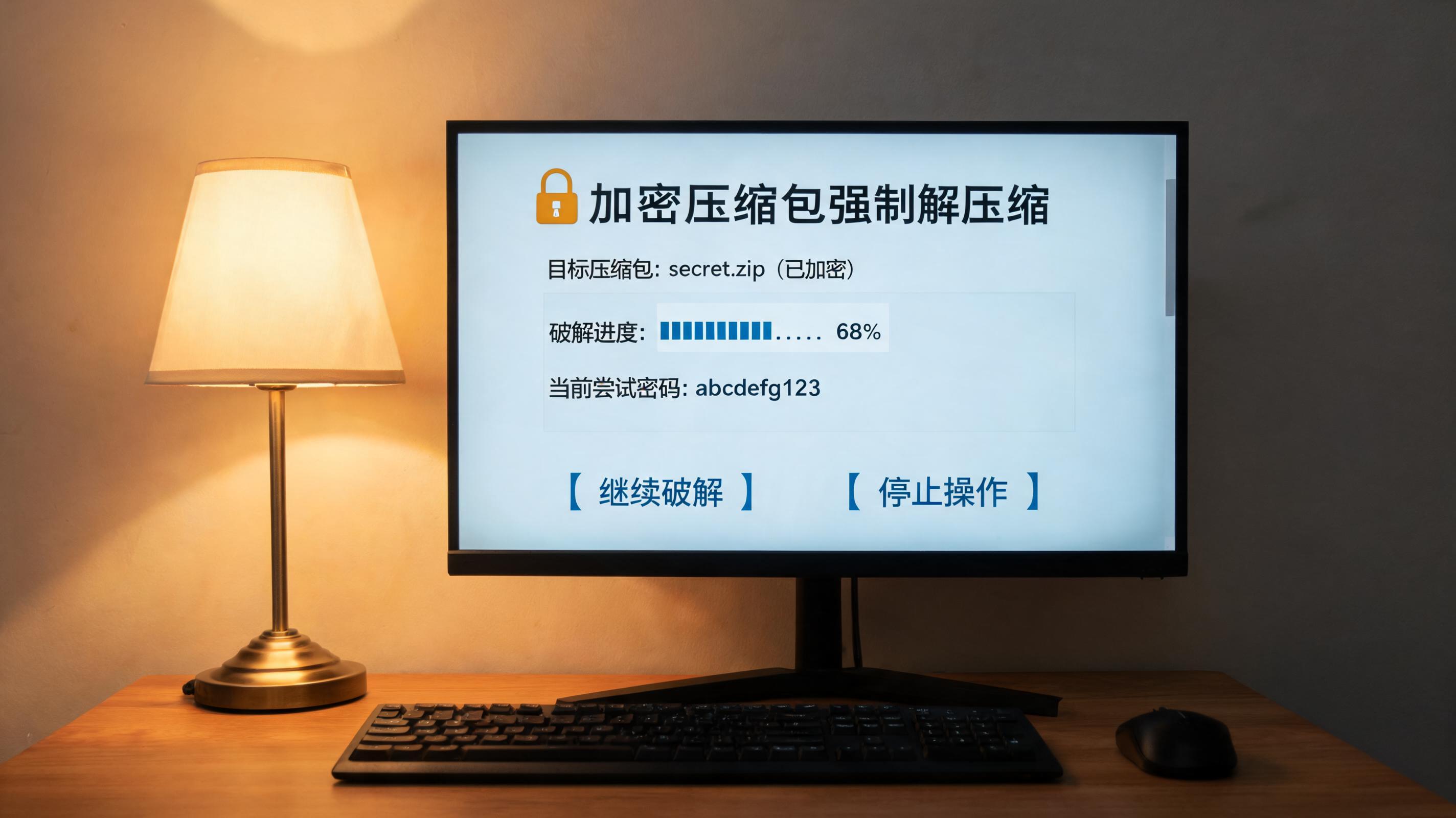 电脑桌上的电脑，屏幕显示加密压缩包强制解压缩界面，旁边放着台灯