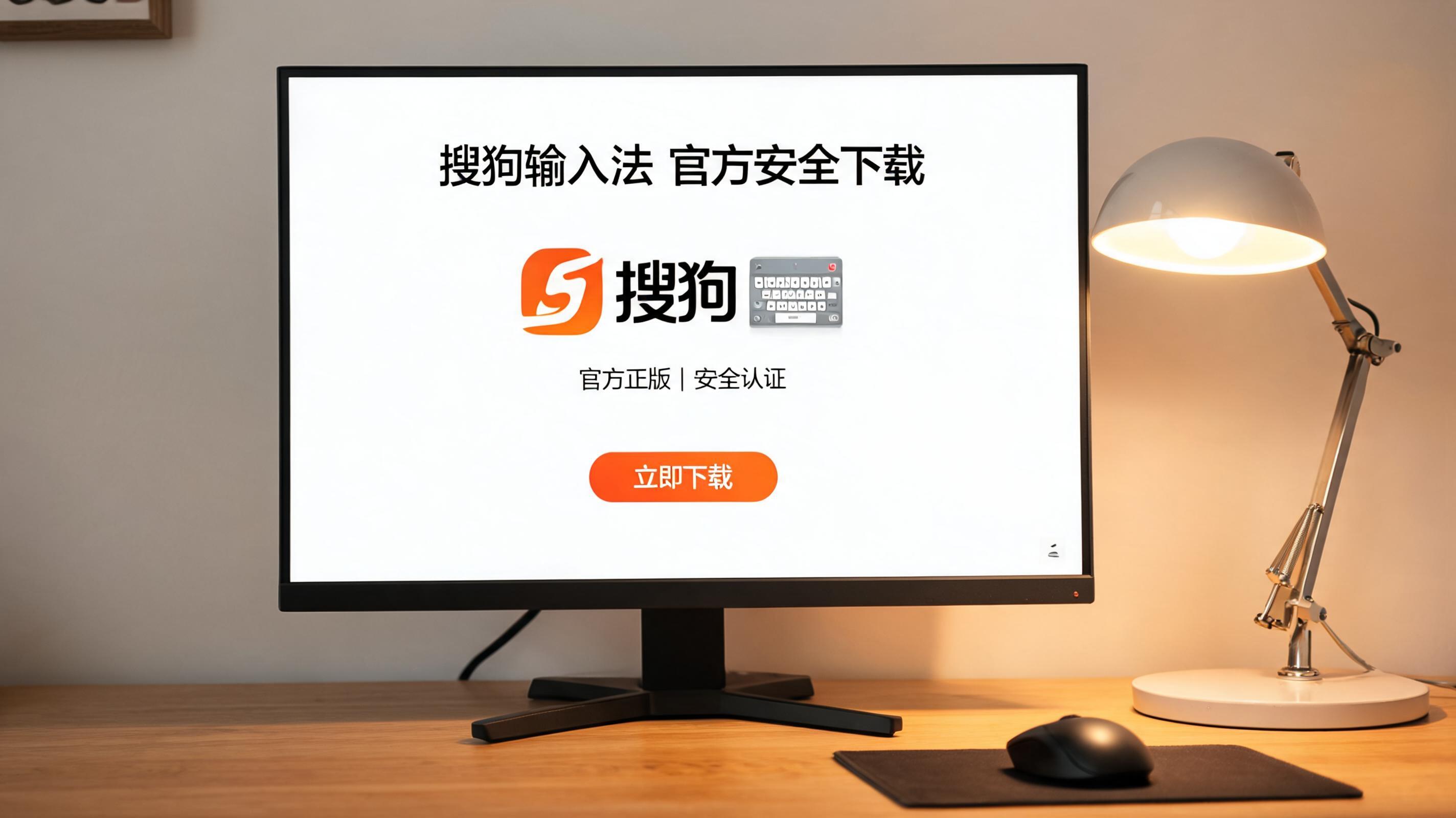 电脑桌上的电脑，屏幕显示搜狗输入法安全官方下载界面，旁边放着台灯