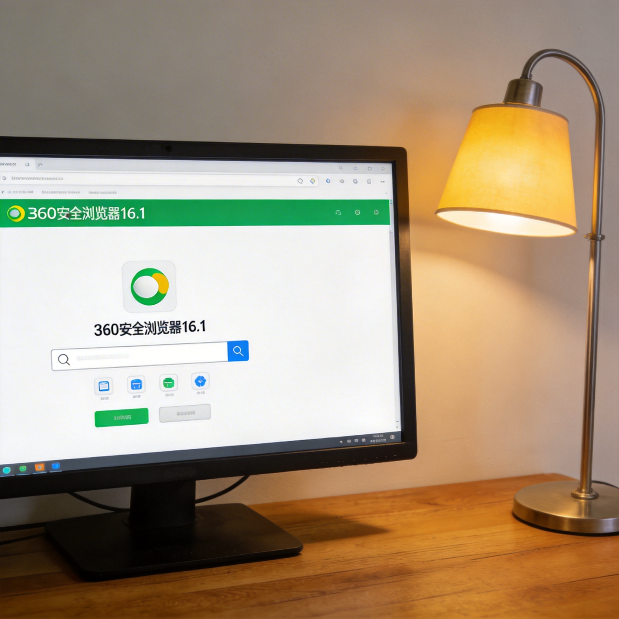 电脑桌上的电脑，屏幕显示新版 360 安全浏览器界面，旁边放着台灯