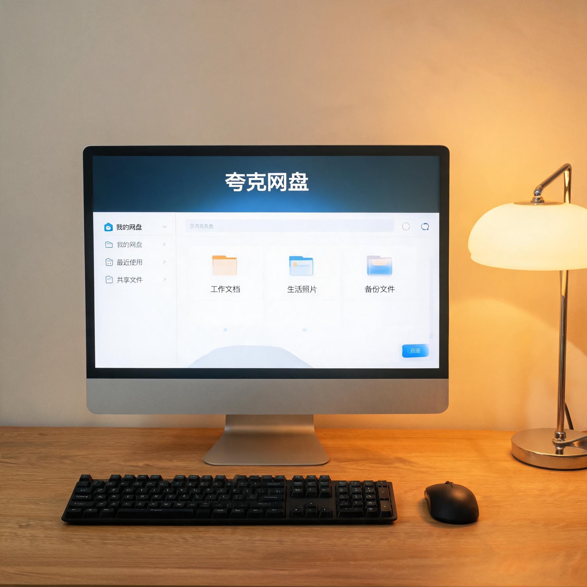 电脑桌上的电脑，屏幕显示夸克网盘桌面，旁边放着台灯