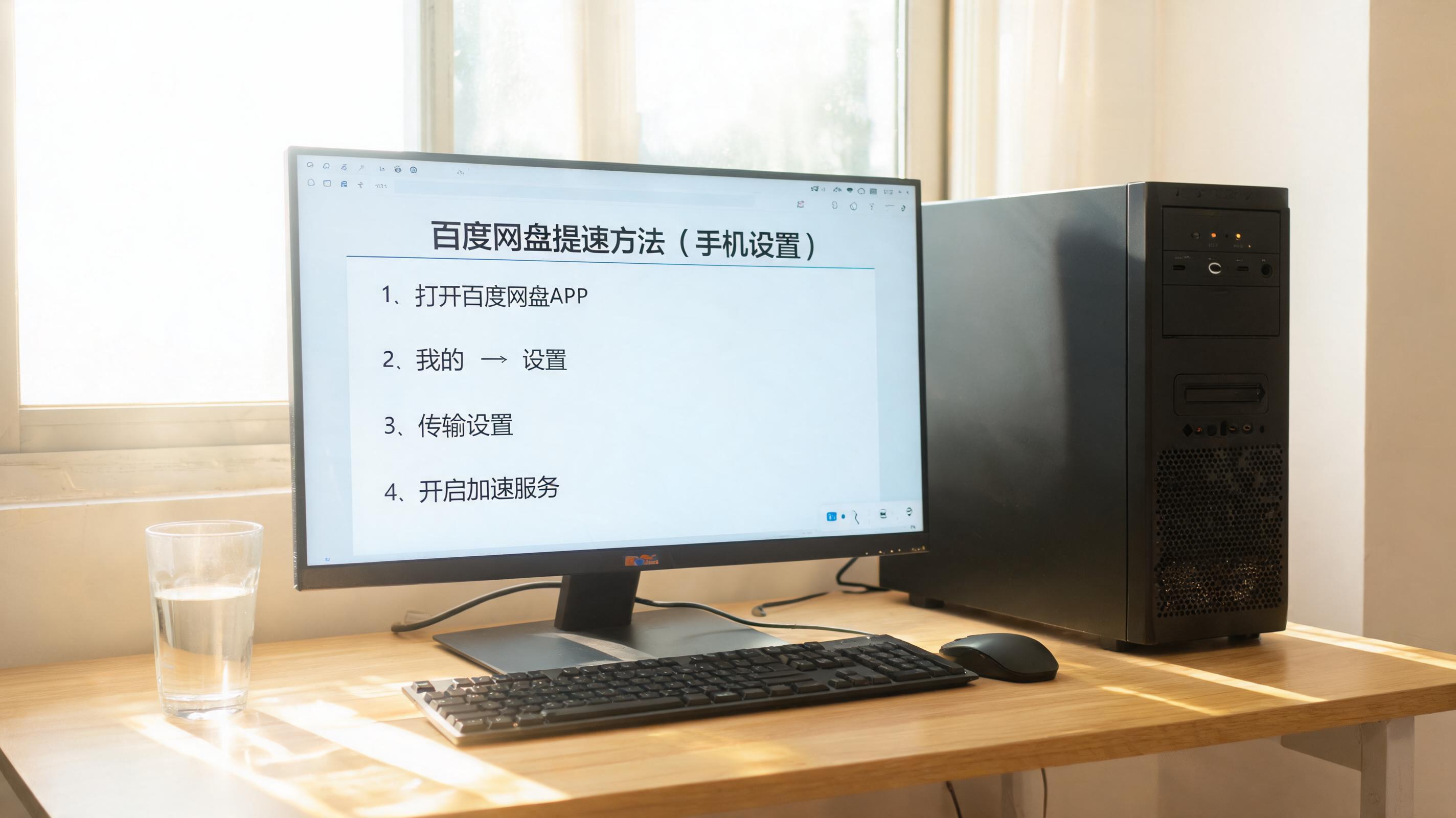 书桌上的主机，屏幕显示百度网盘提速方法手机设置界面，桌角放着水杯，自然光