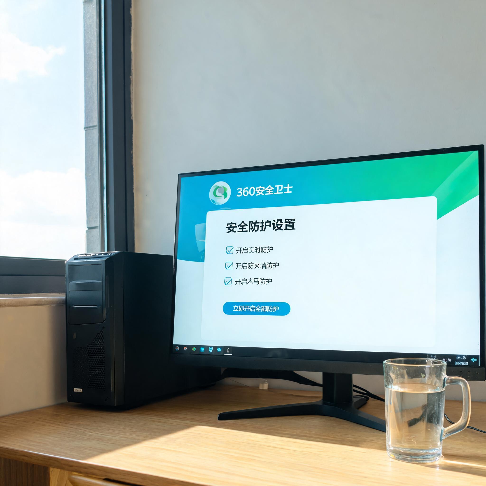 书桌上的主机，屏幕显示360 卫士怎么开启安全防护设置界面，桌角放着水杯，自然光