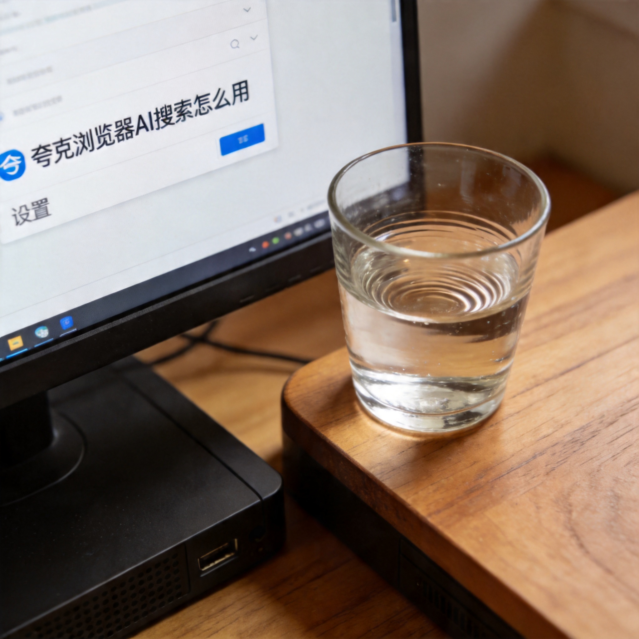 书桌上的主机，屏幕显示夸克浏览器 AI 搜索怎么用设置界面，桌角放着水杯，自然光