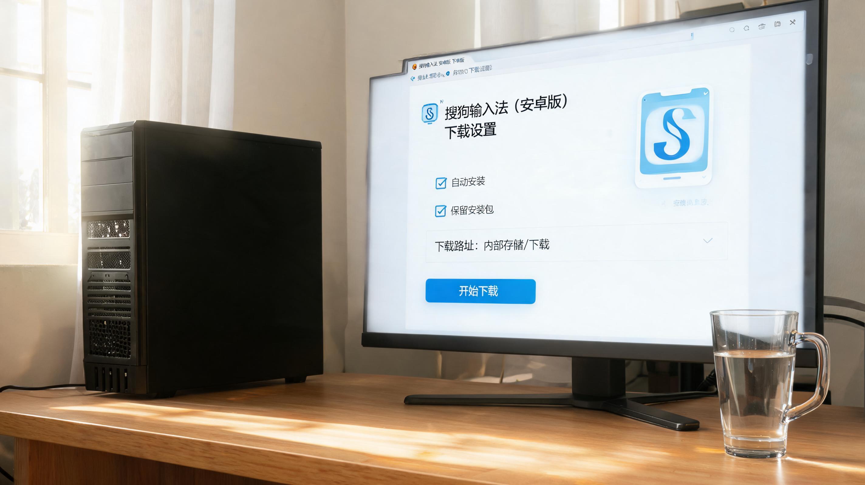 书桌上的主机，屏幕显示搜狗输入法安卓版下载设置界面，桌角放着水杯，自然光