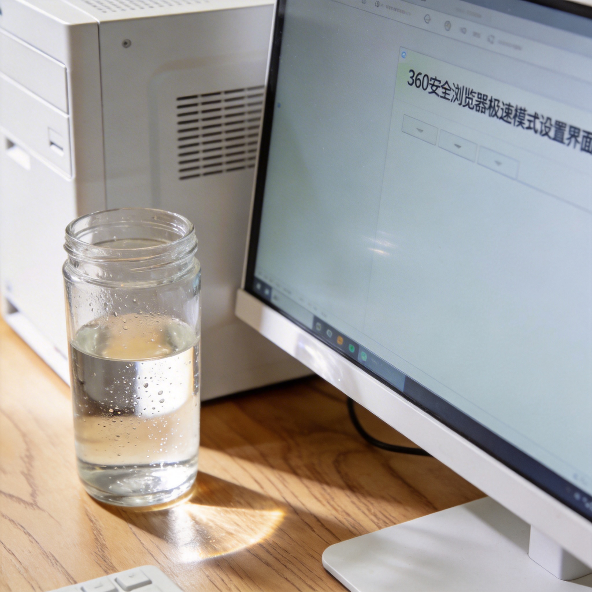 书桌上的主机，屏幕显示360 安全浏览器极速模式设置界面，桌角放着水杯，自然光