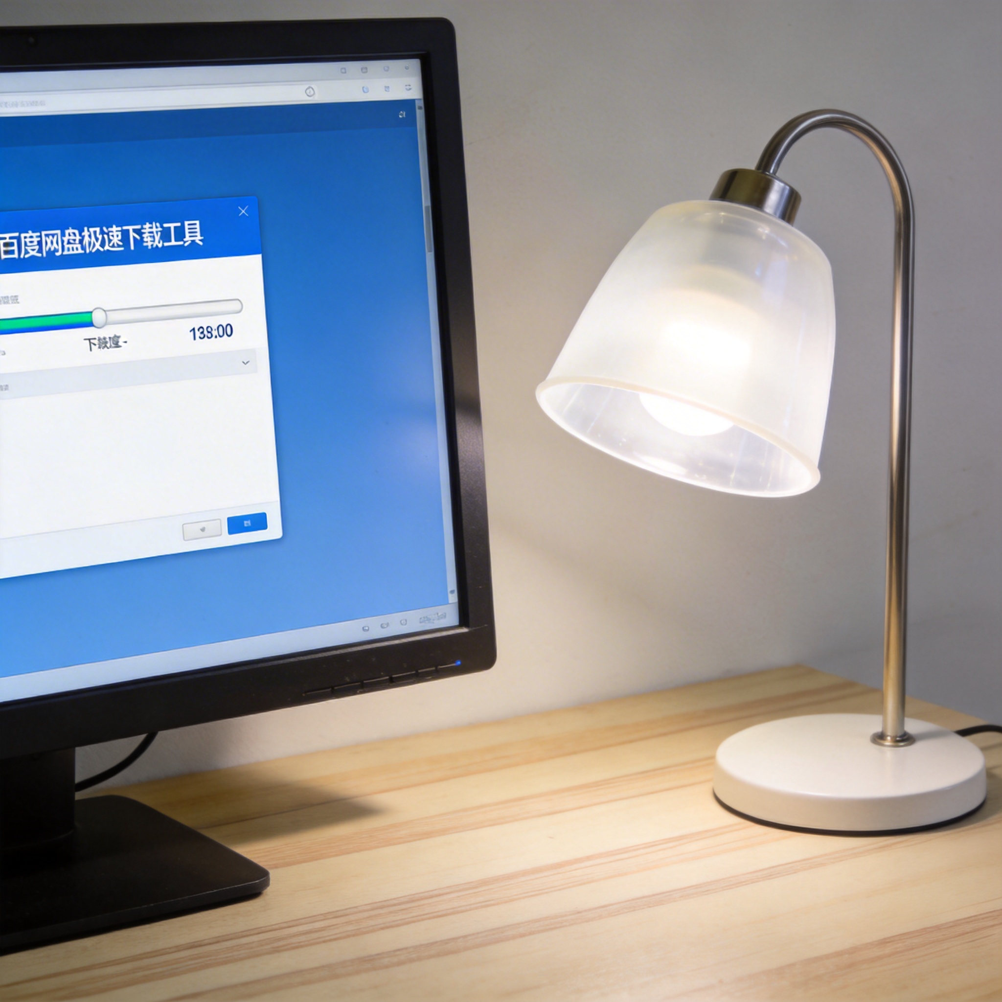 电脑桌上的电脑，屏幕显示百度网盘极速下载工具界面，旁边放着台灯