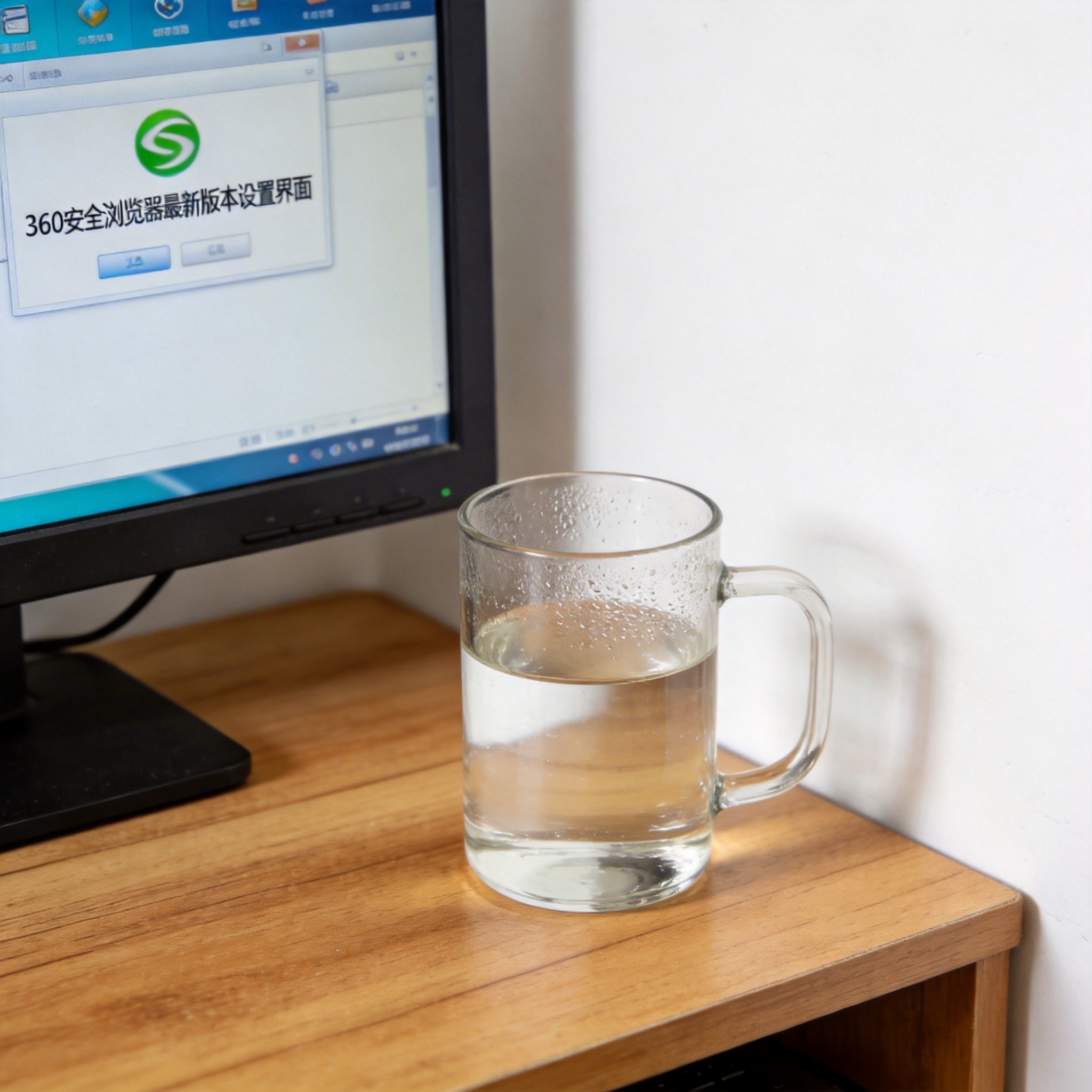 书桌上的主机，屏幕显示360 安全浏览器最新版本设置界面，桌角放着水杯，自然光