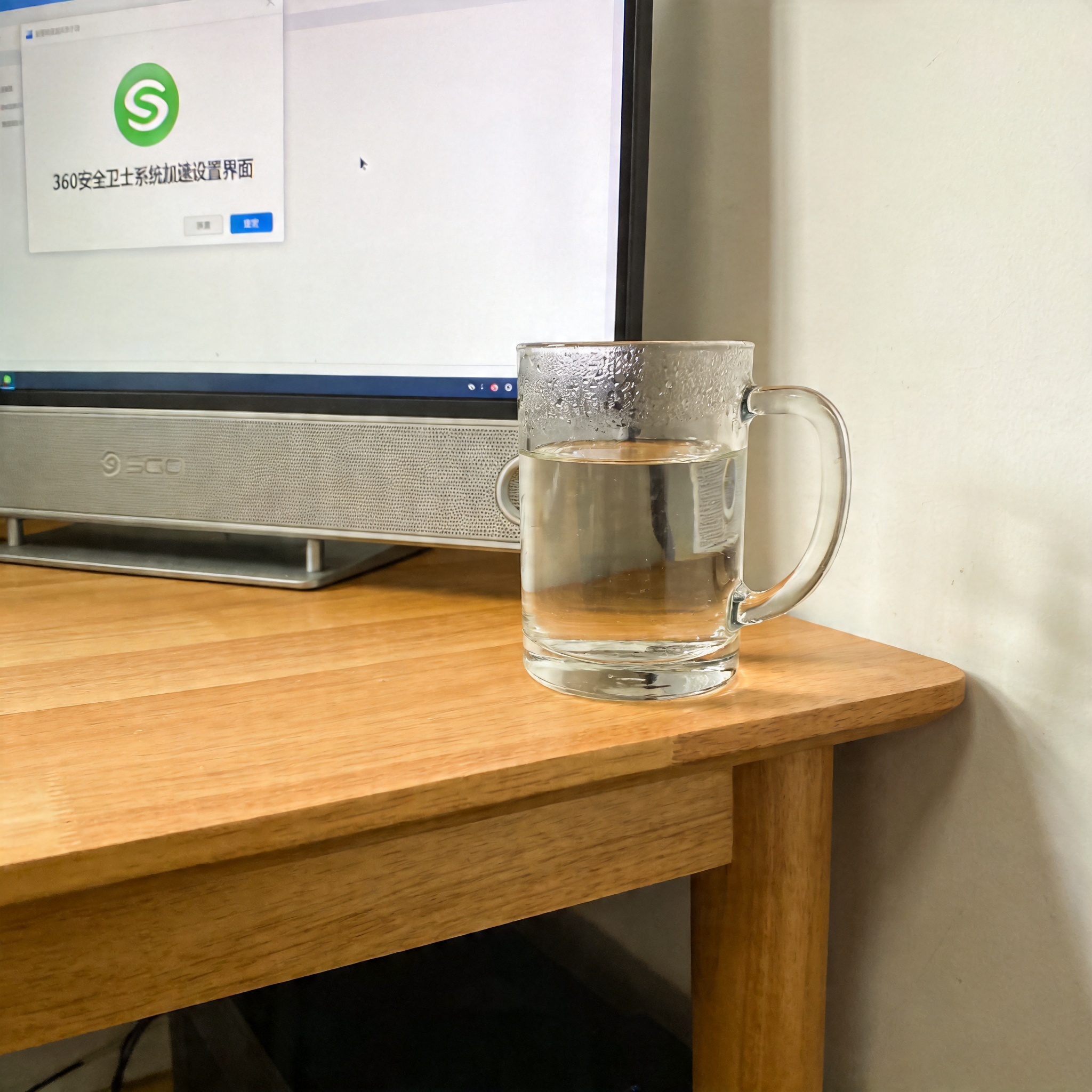 书桌上的主机，屏幕显示360 安全卫士系统加速设置界面，桌角放着水杯，自然光