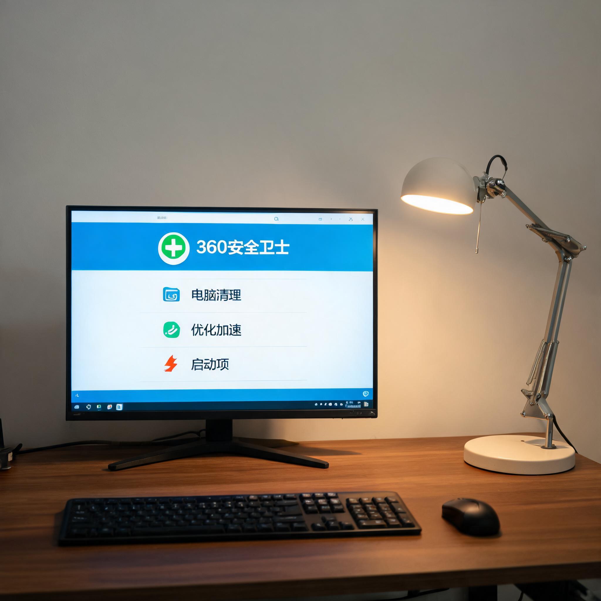 电脑桌上的电脑，屏幕显示360 卫士电脑清理优化启动项，旁边放着台灯