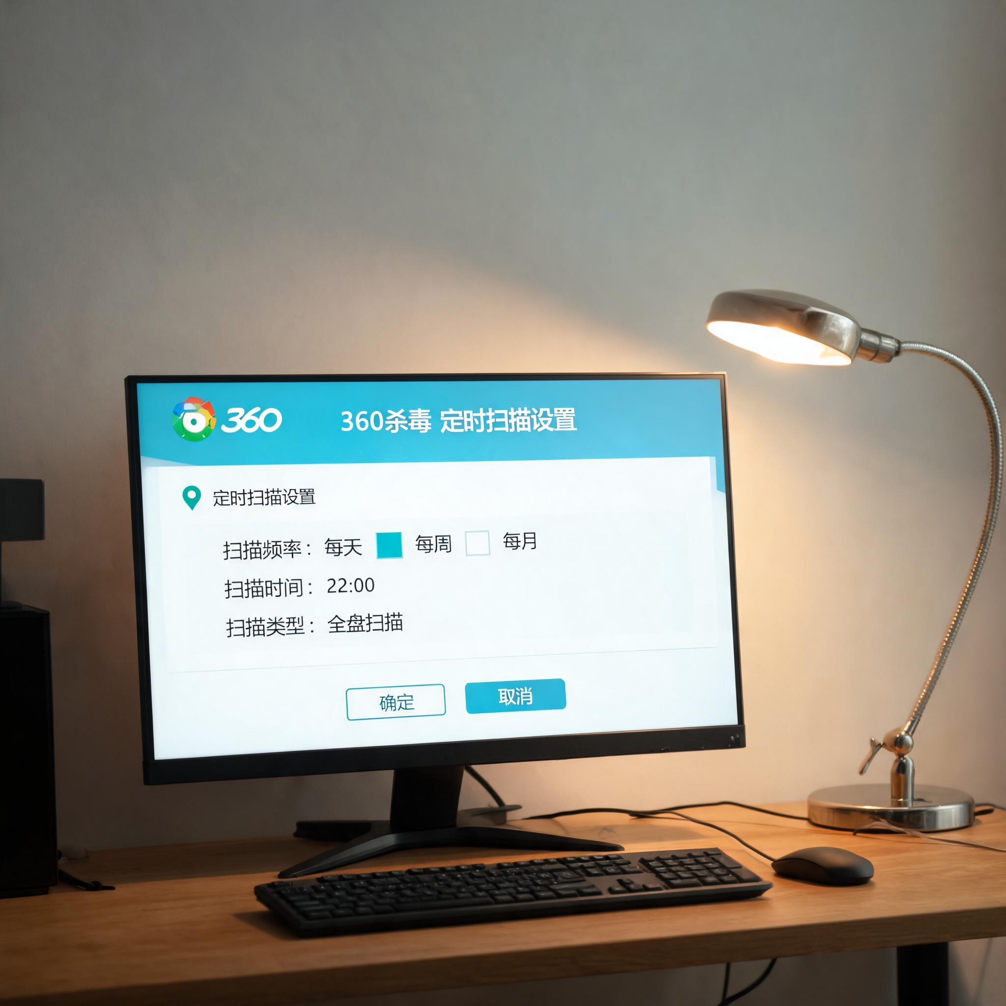 电脑桌上的电脑，屏幕显示360 杀毒软件定时扫描设置菜单，旁边放着台灯