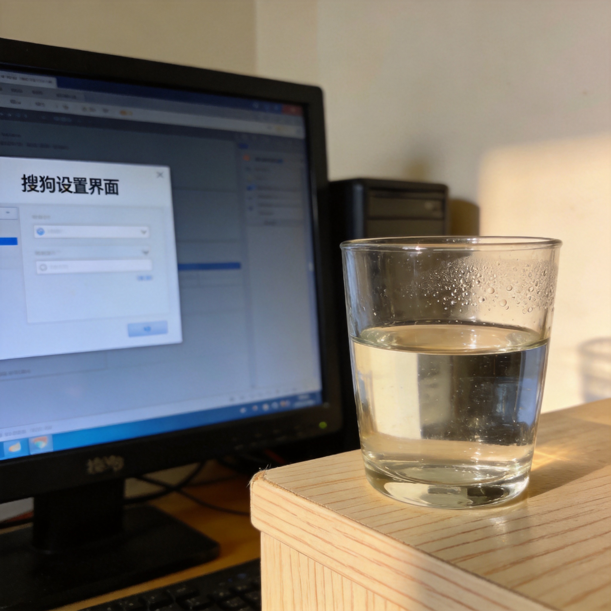 书桌上的主机，屏幕显示搜狗设置界面，桌角放着水杯，自然光