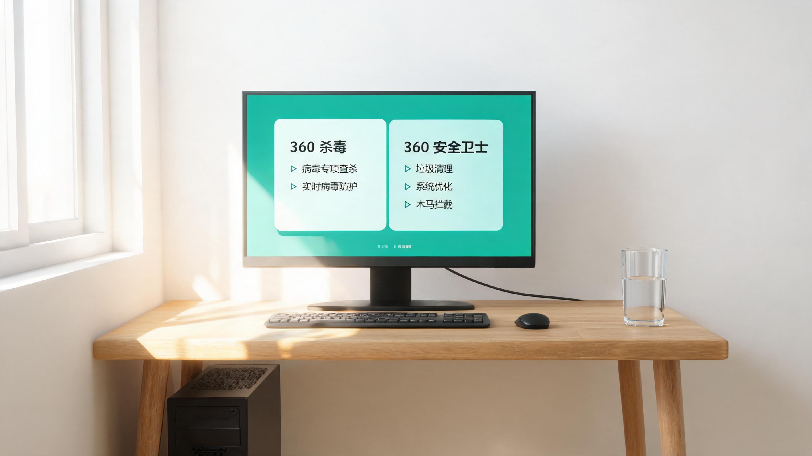 书桌上的主机，屏幕显示360 杀毒和 360 安全卫士区别设置界面，桌角放着水杯，自然光