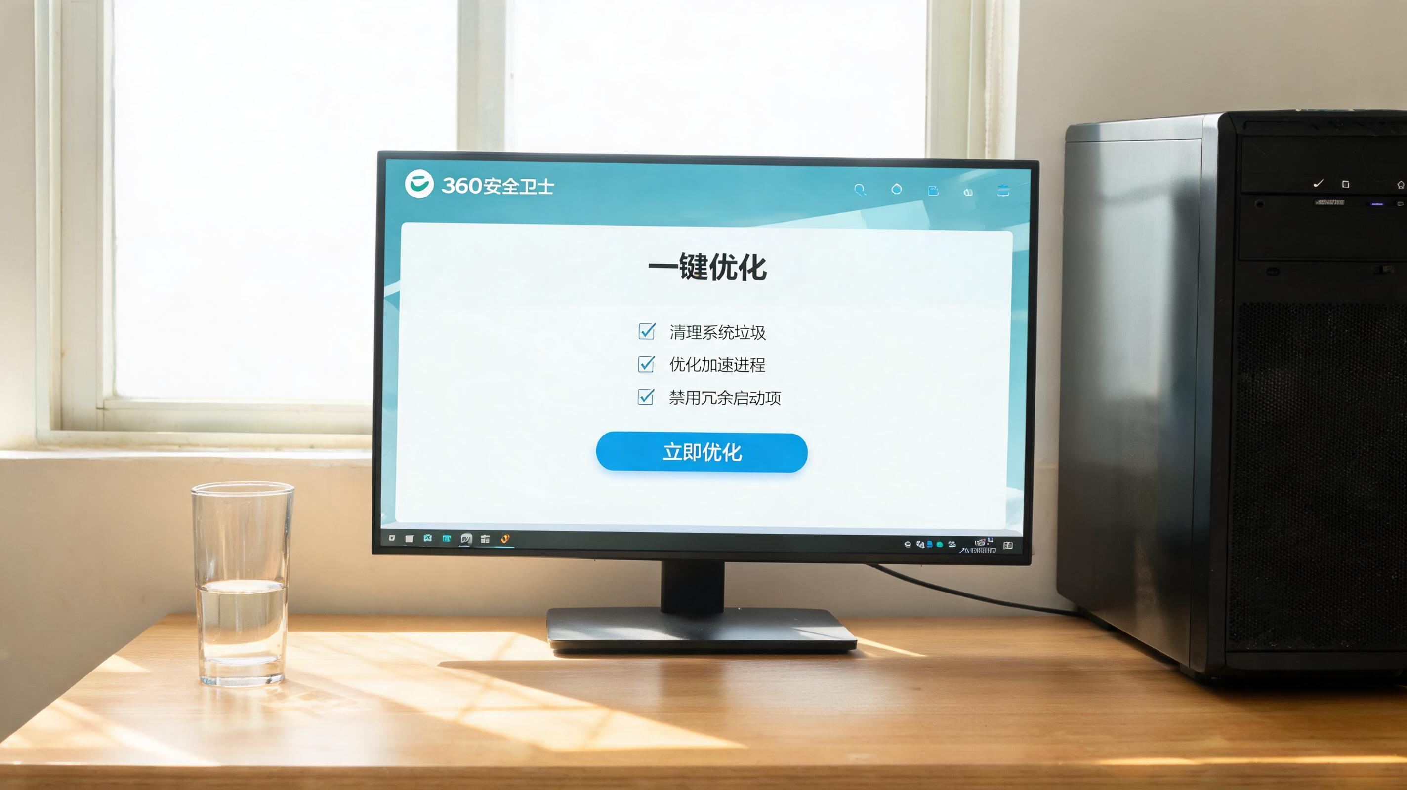 书桌上的主机，屏幕显示360 卫士一键优化功能设置界面，桌角放着水杯，自然光