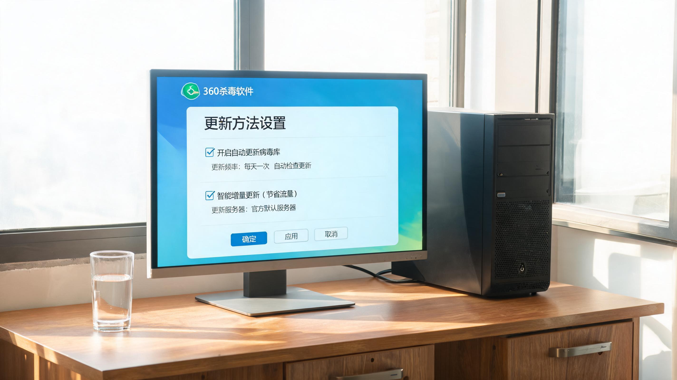 书桌上的主机，屏幕显示360 杀毒软件更新方法设置界面，桌角放着水杯，自然光