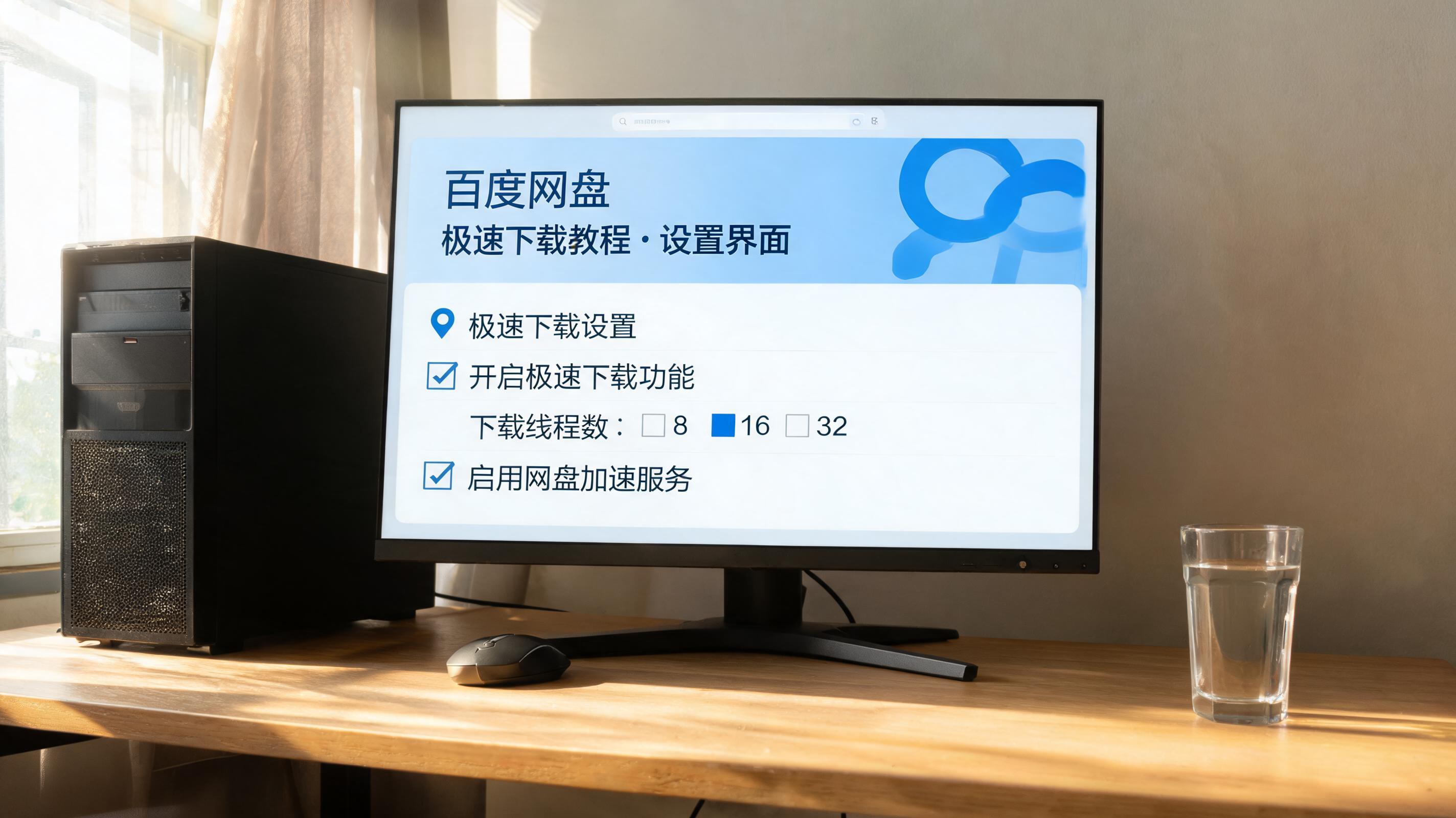 书桌上的主机，屏幕显示百度网盘极速下载教程设置界面，桌角放着水杯，自然光