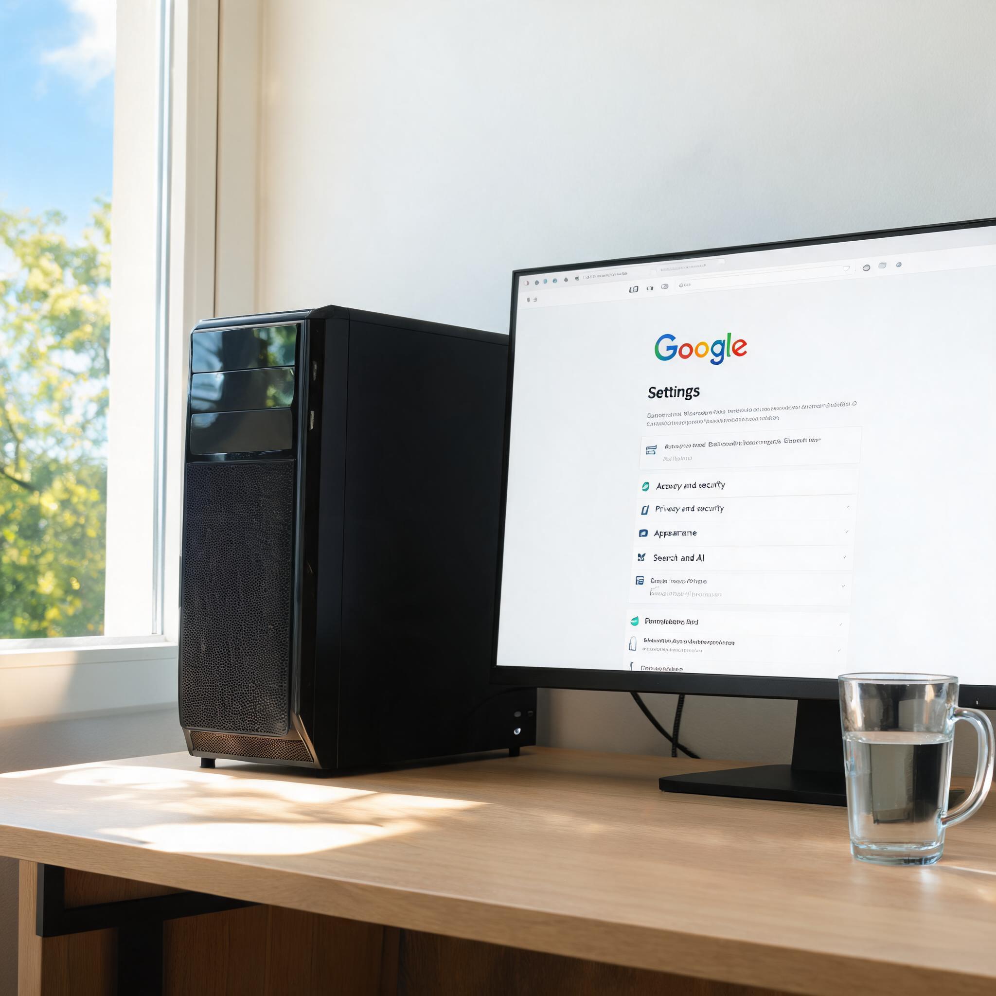 书桌上的主机，屏幕显示google设置界面，桌角放着水杯，自然光