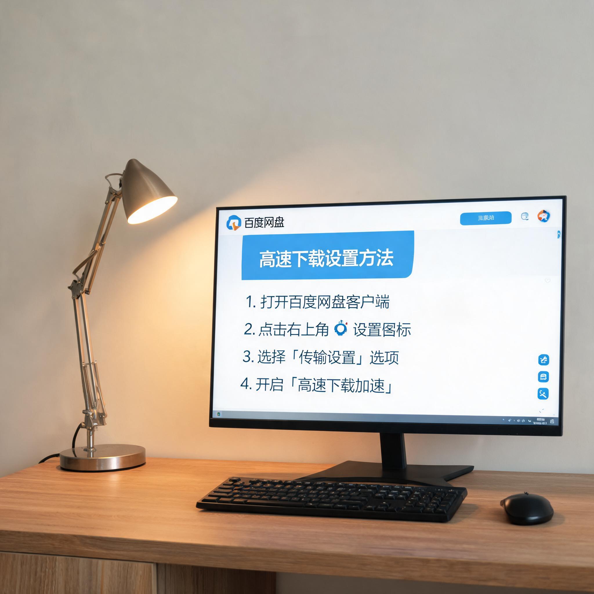 电脑桌上的电脑，屏幕显示百度网盘高速下载设置方法界面，旁边放着台灯