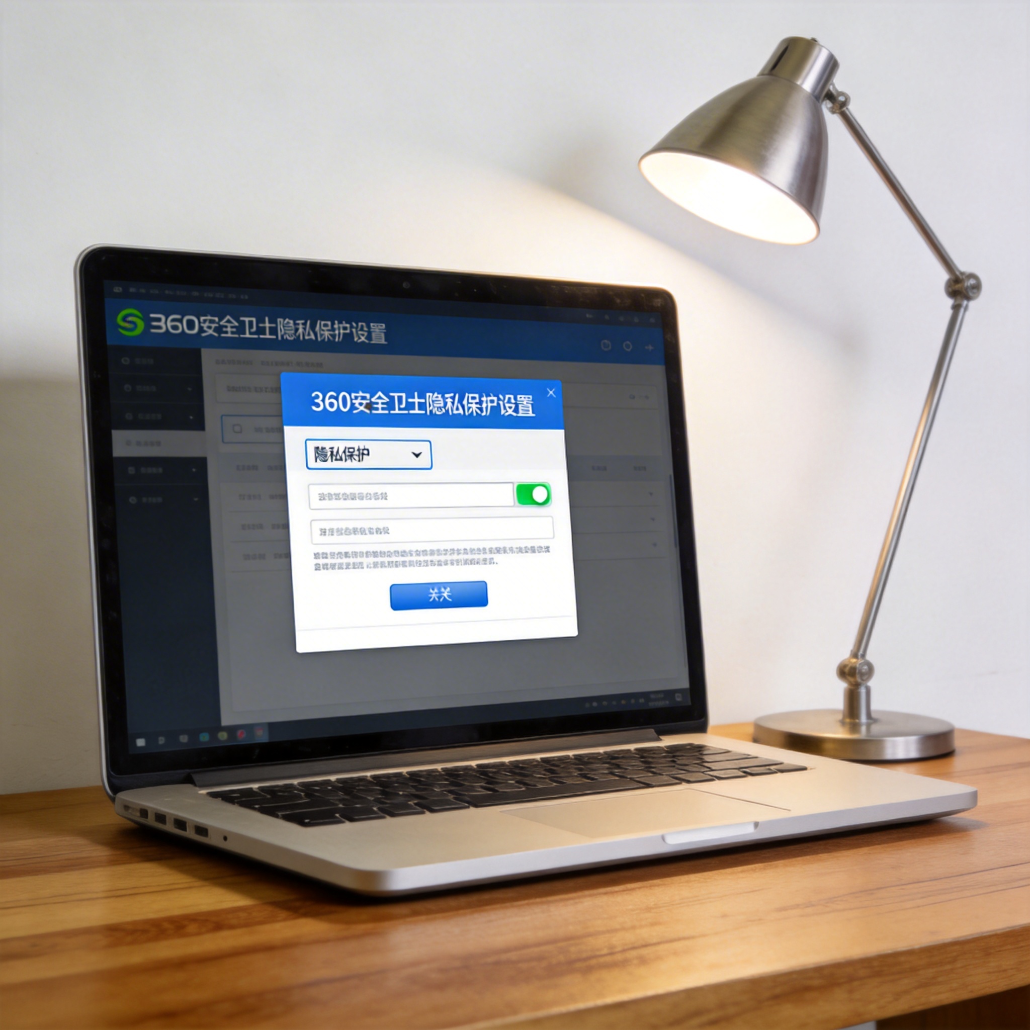 电脑桌上的电脑，屏幕显示360 安全卫士隐私保护设置界面，旁边放着台灯