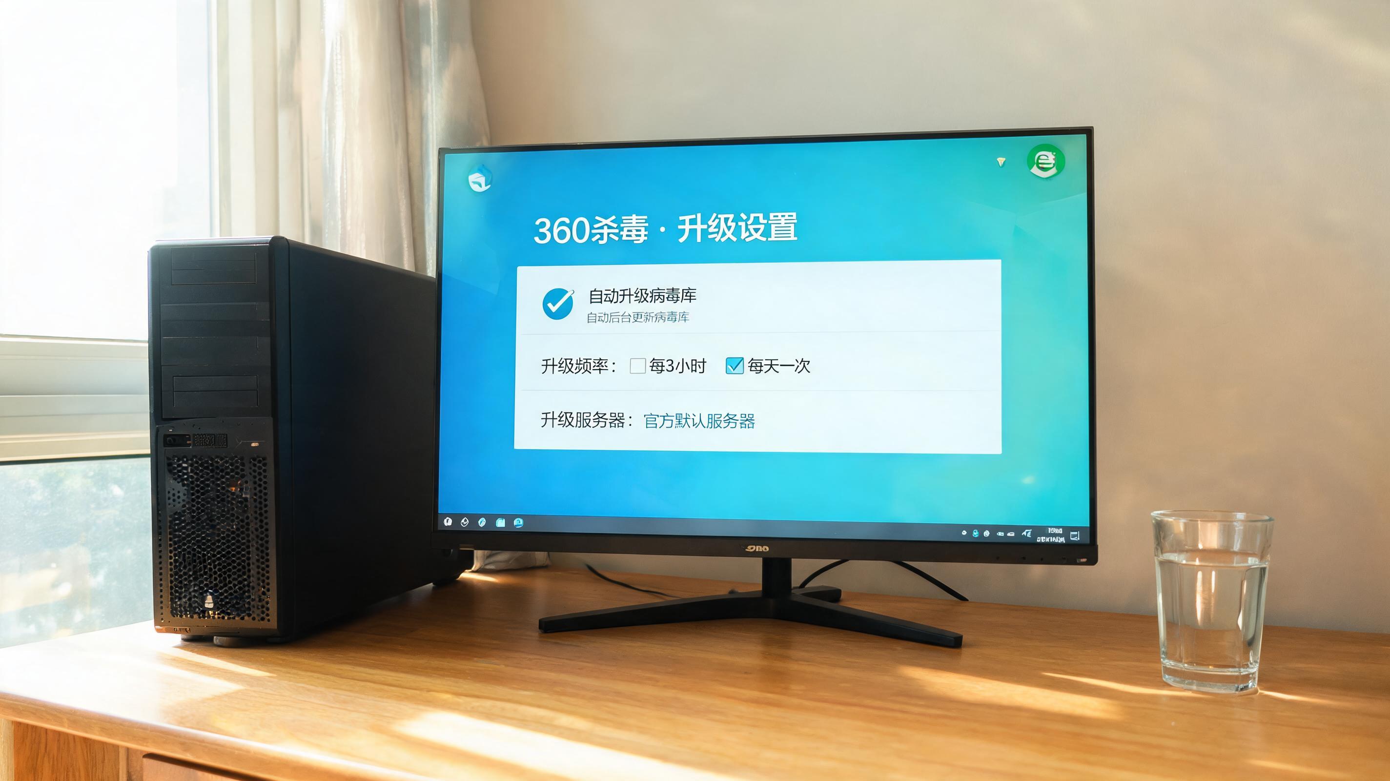 书桌上的主机，屏幕显示360 杀毒软件如何升级设置界面，桌角放着水杯，自然光