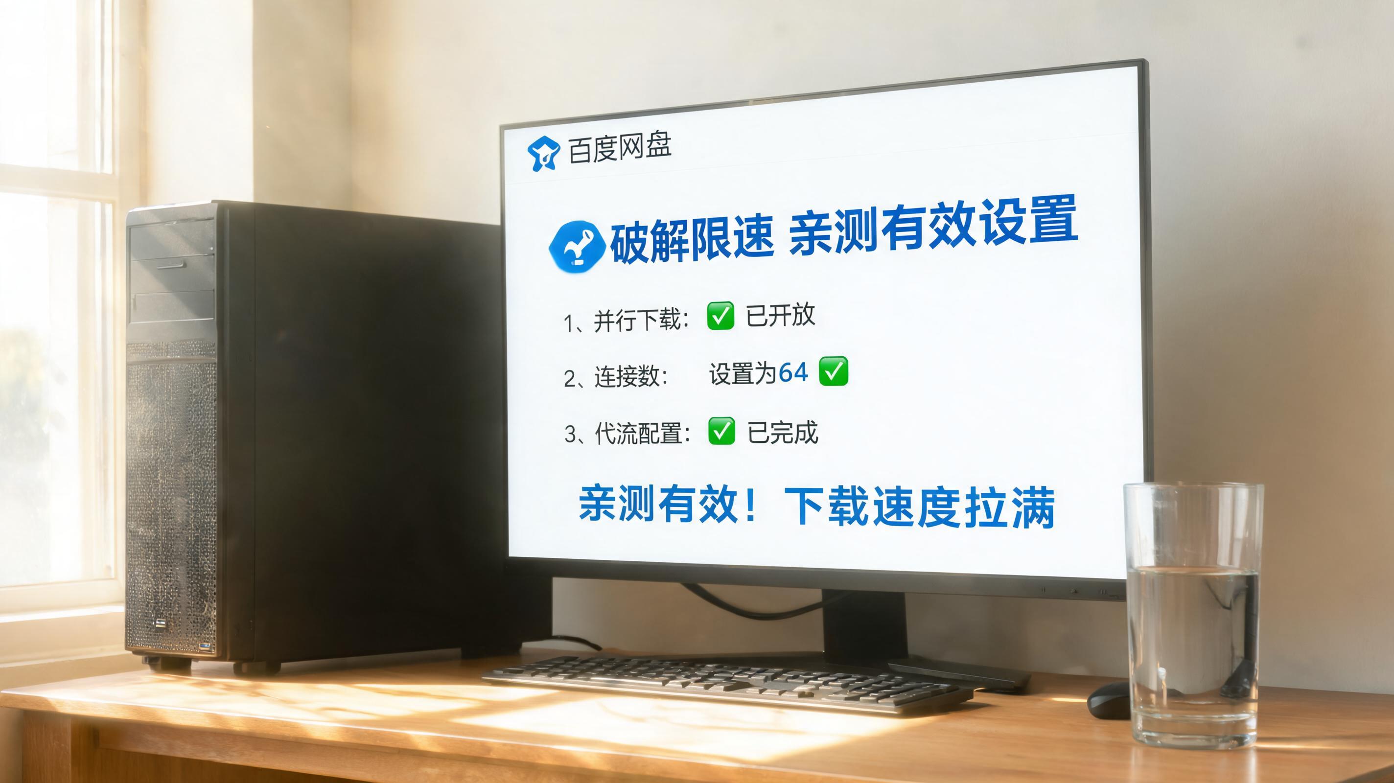 书桌上的主机，屏幕显示百度网盘破解限速亲测有效设置界面，桌角放着水杯，自然光