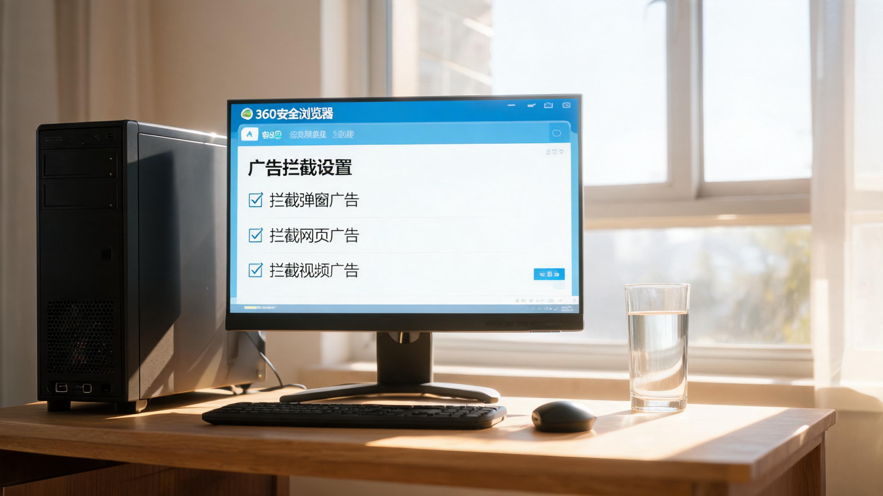 书桌上的主机，屏幕显示360 安全浏览器广告拦截设置界面，桌角放着水杯，自然光