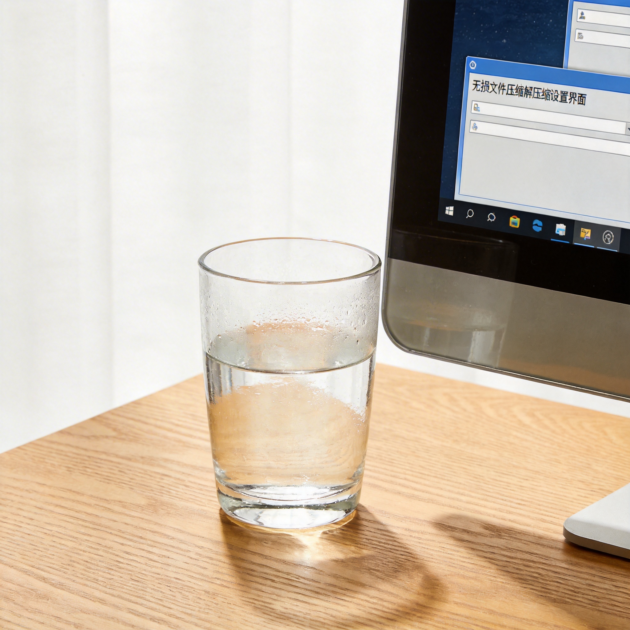 书桌上的电脑，屏幕显示无损文件压缩解压缩设置界面，桌角放着水杯，自然光