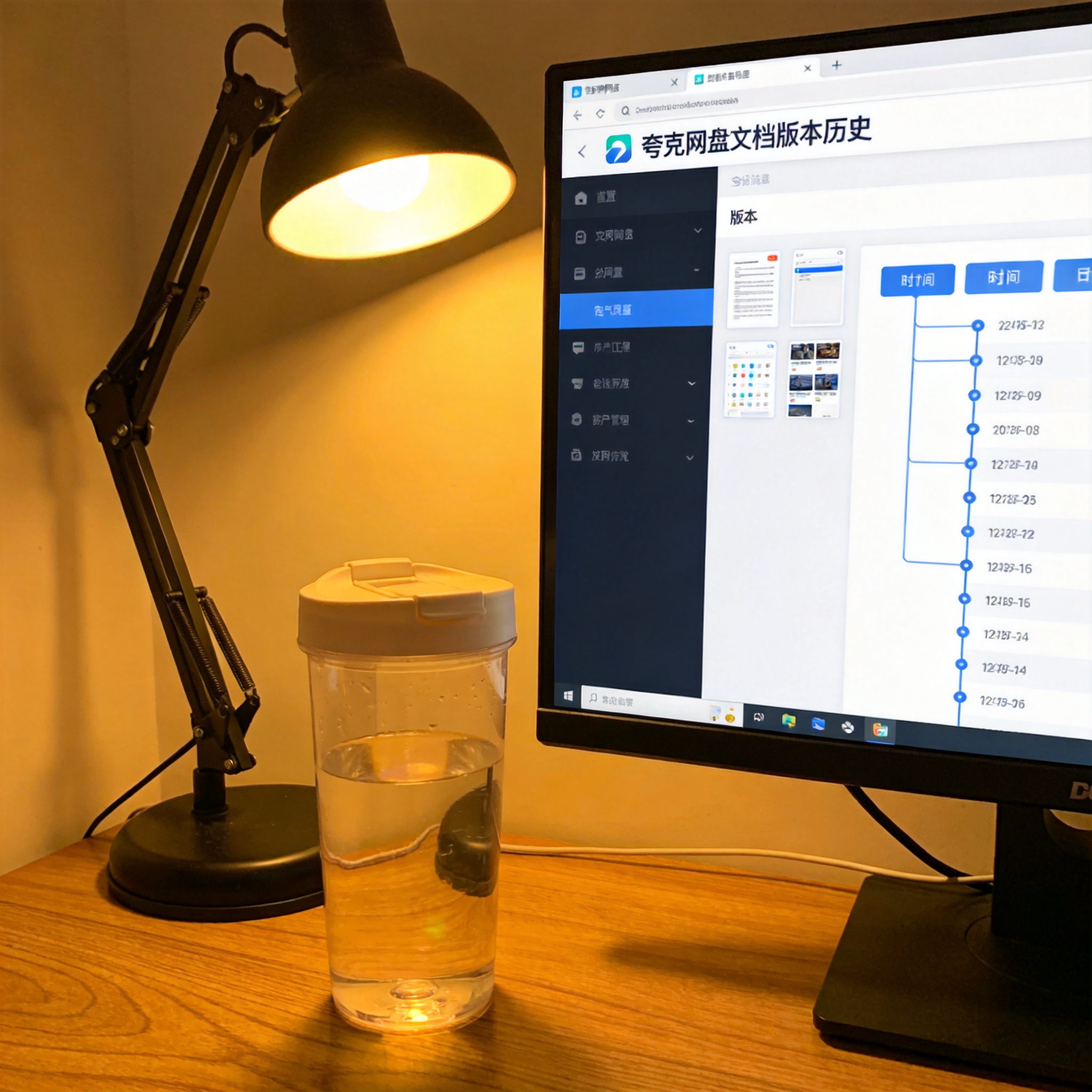 书桌的电脑屏幕显示夸克网盘文档的版本历史页面，旁边放着塑料水杯，台灯暖光