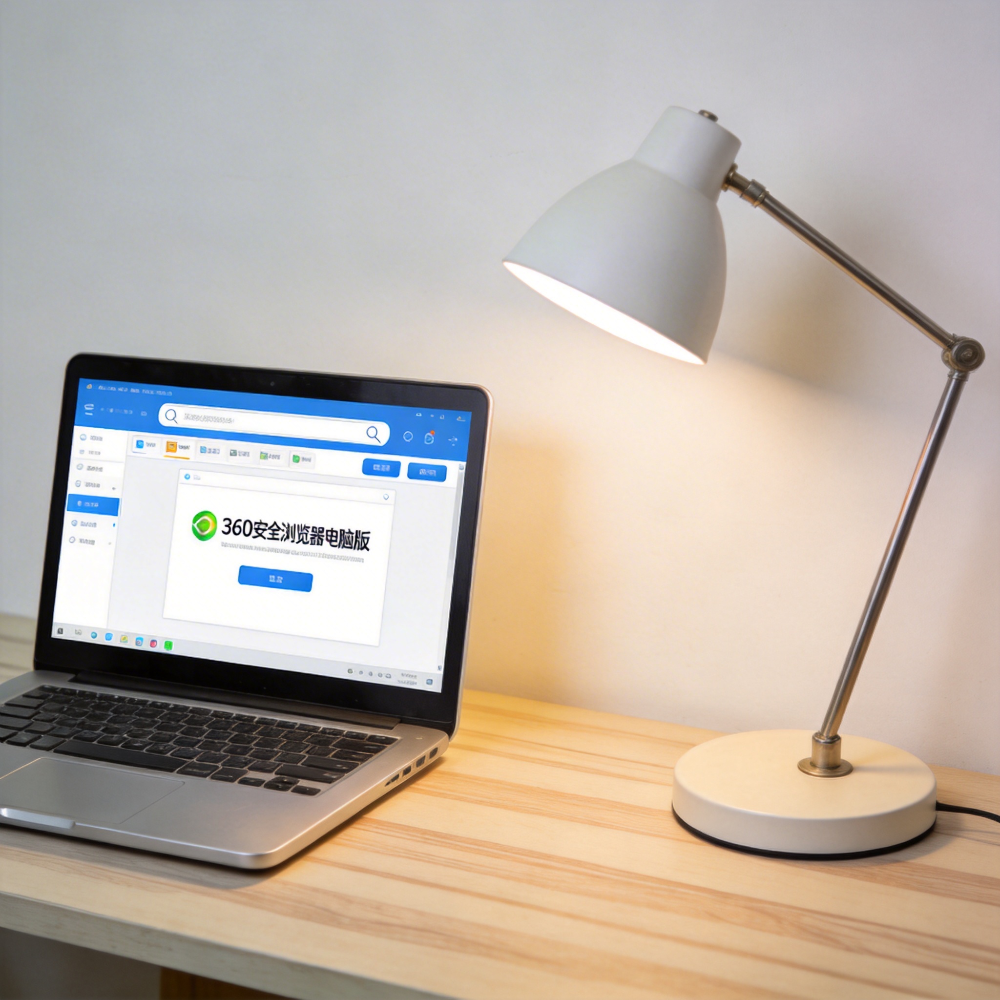 电脑桌上的电脑，屏幕显示360 安全浏览器电脑版界面，旁边放着台灯