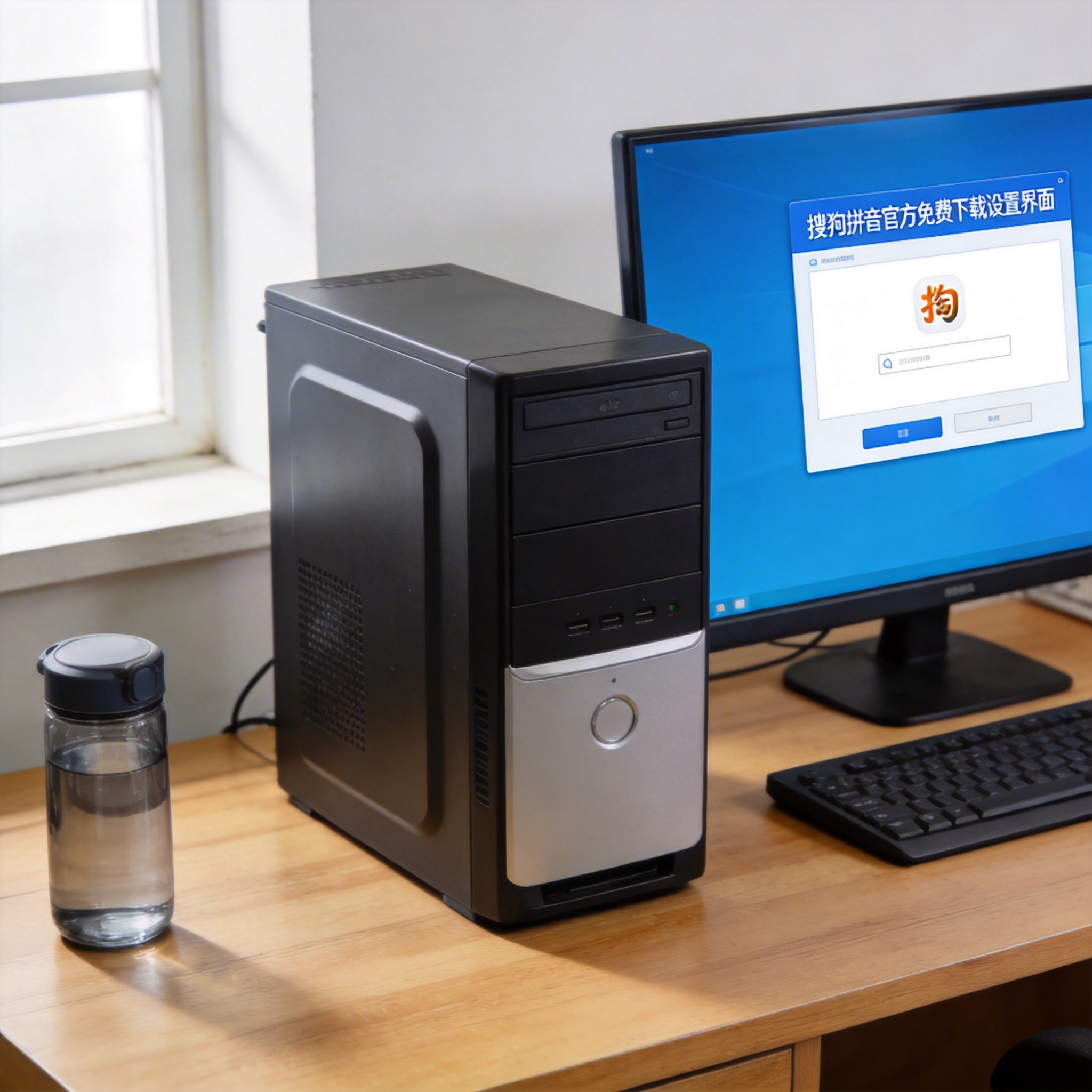 书桌上的主机，屏幕显示搜狗拼音官方免费下载设置界面，桌角放着水杯，自然光