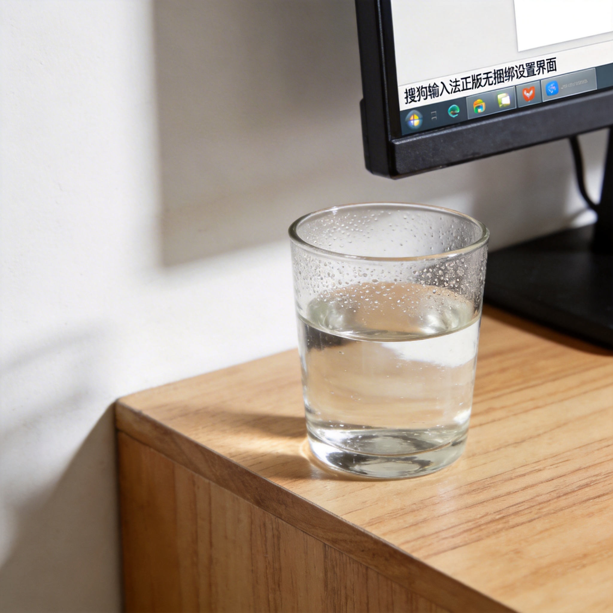 书桌上的主机，屏幕显示搜狗输入法正版无捆绑设置界面，桌角放着水杯，自然光