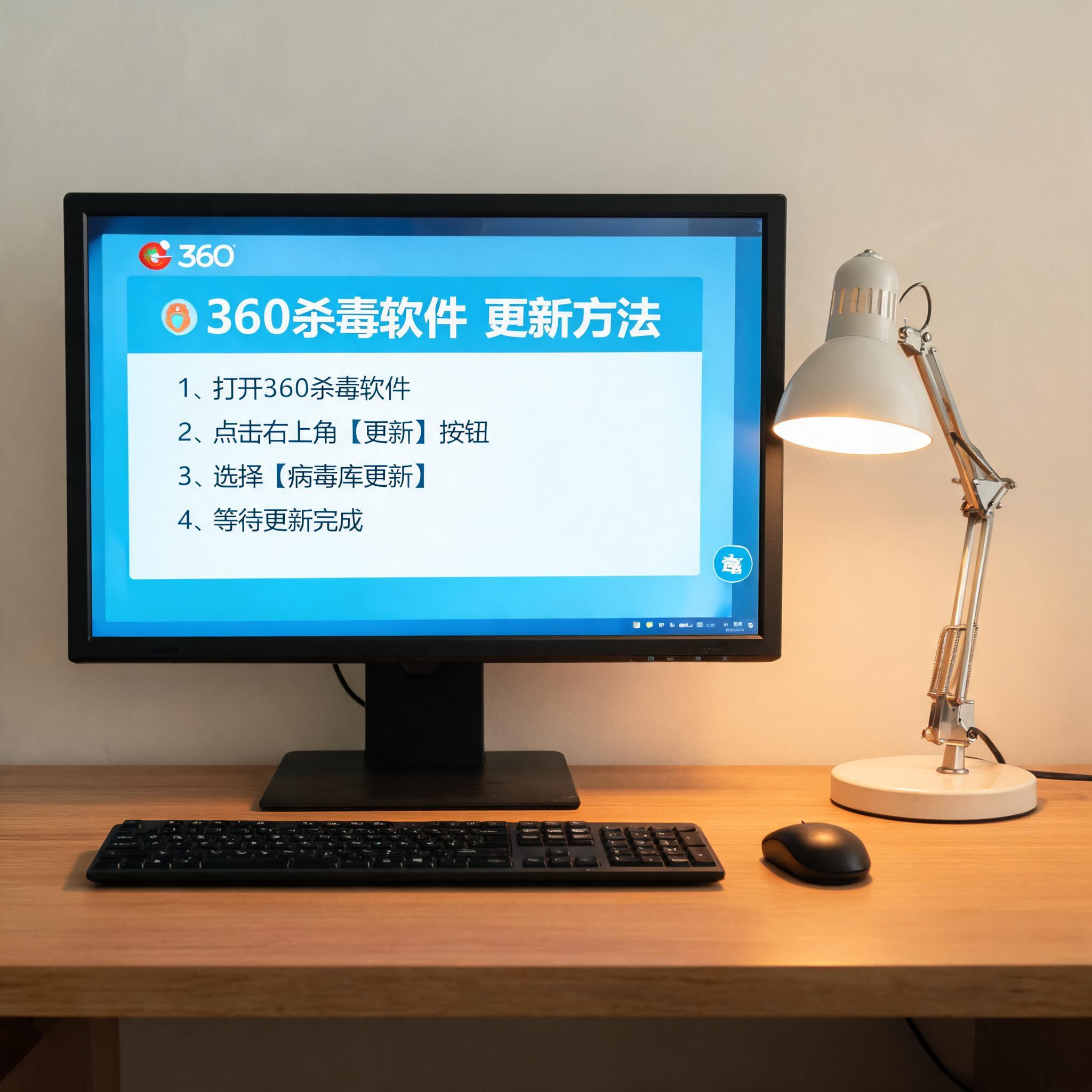 电脑桌上的电脑，屏幕显示360 杀毒软件更新方法界面，旁边放着台灯