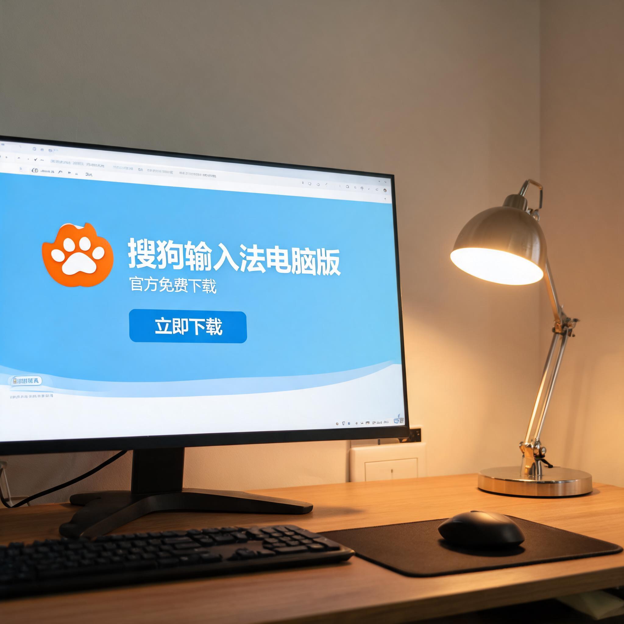 电脑桌上的电脑，屏幕显示搜狗输入法电脑版下载界面，旁边放着台灯