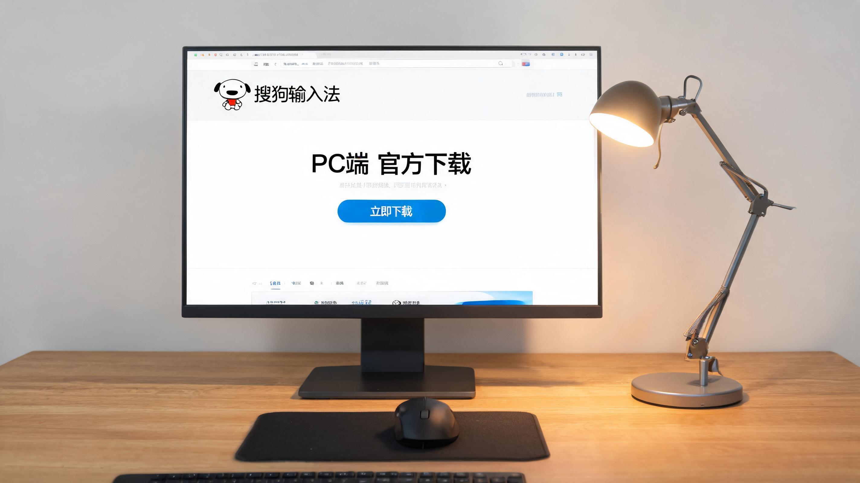 电脑桌上的鼠标，屏幕显示PC 端搜狗输入法官方下载界面，旁边放着台灯