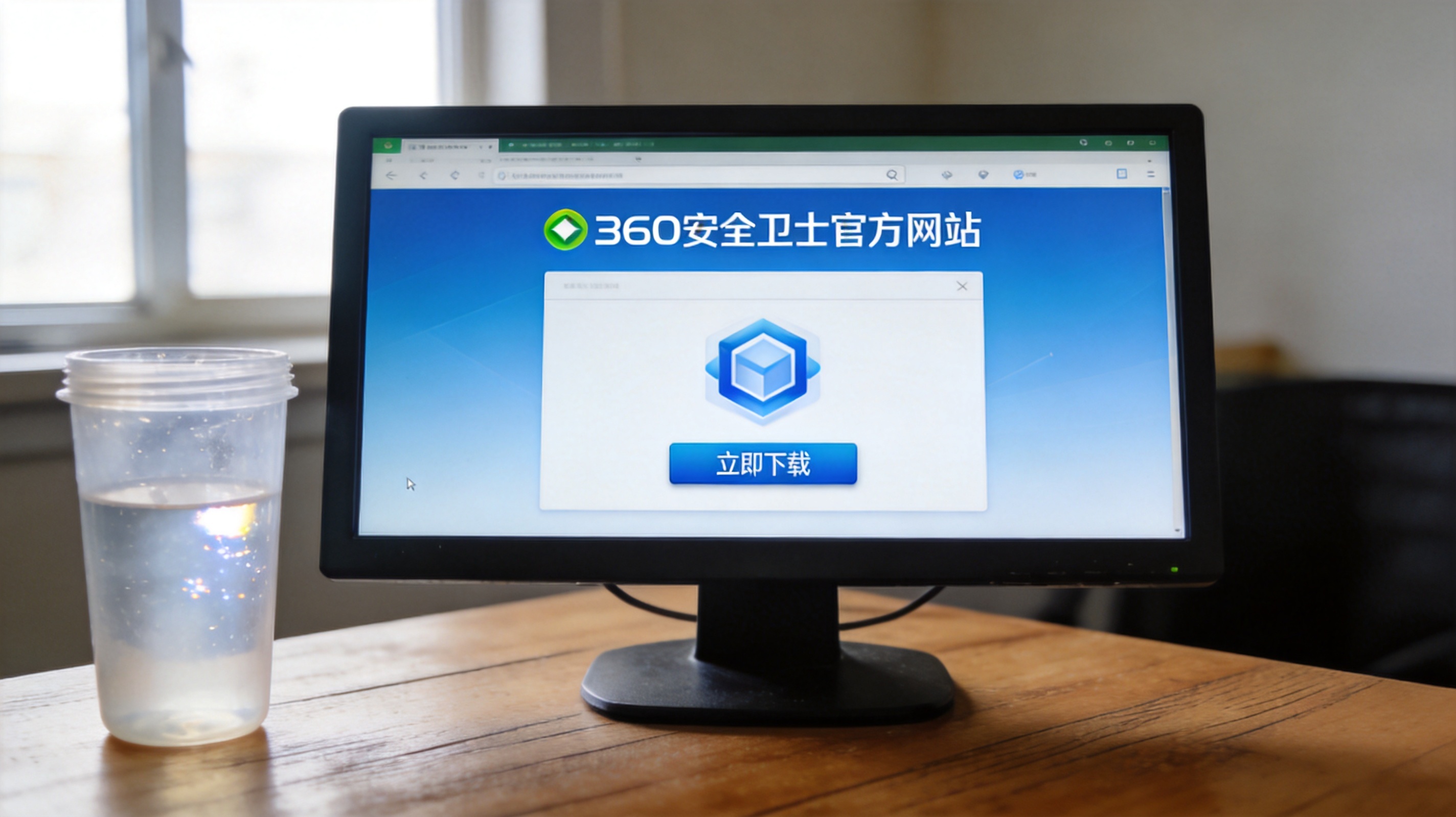 电脑桌面，屏幕显示360安全卫士官方网站的下载页面，旁边放着半透明塑料水杯，室内自然光