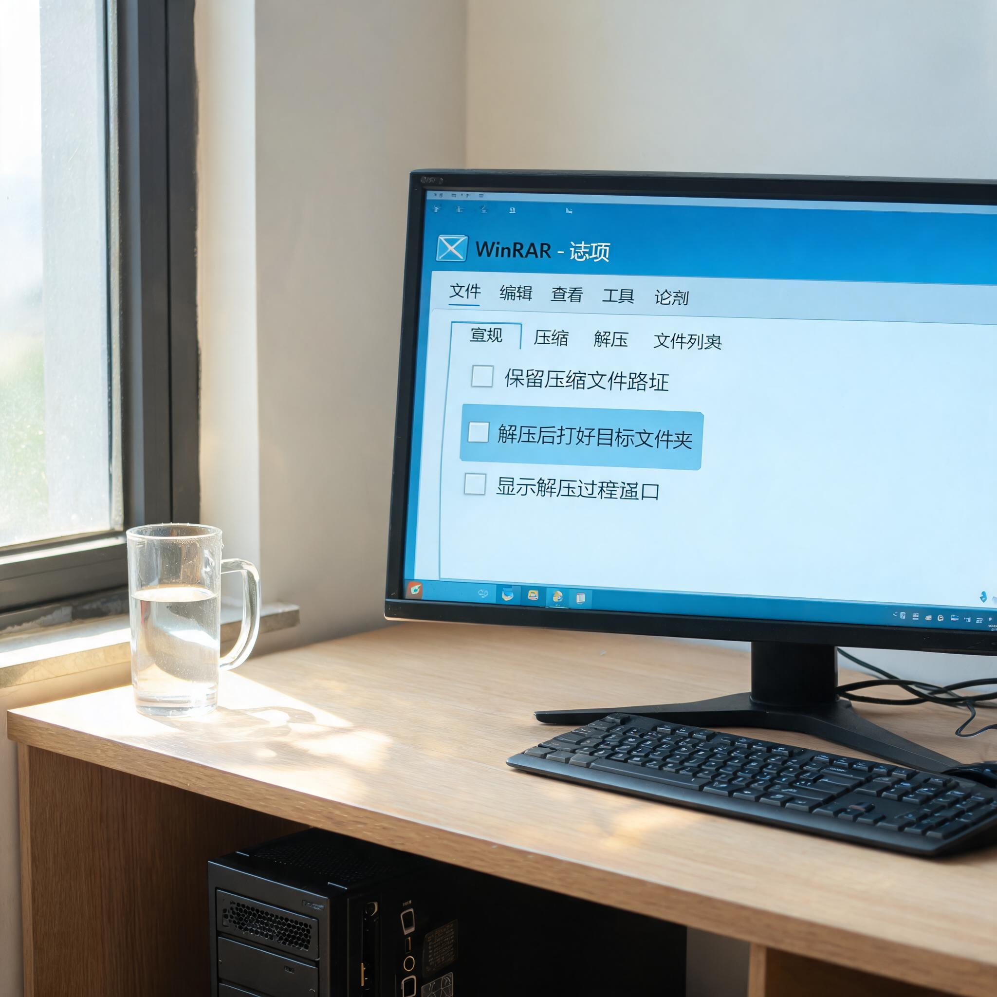 书桌上的主机，屏幕显示电脑 win 压缩解压缩软件设置界面，桌角放着水杯，自然光