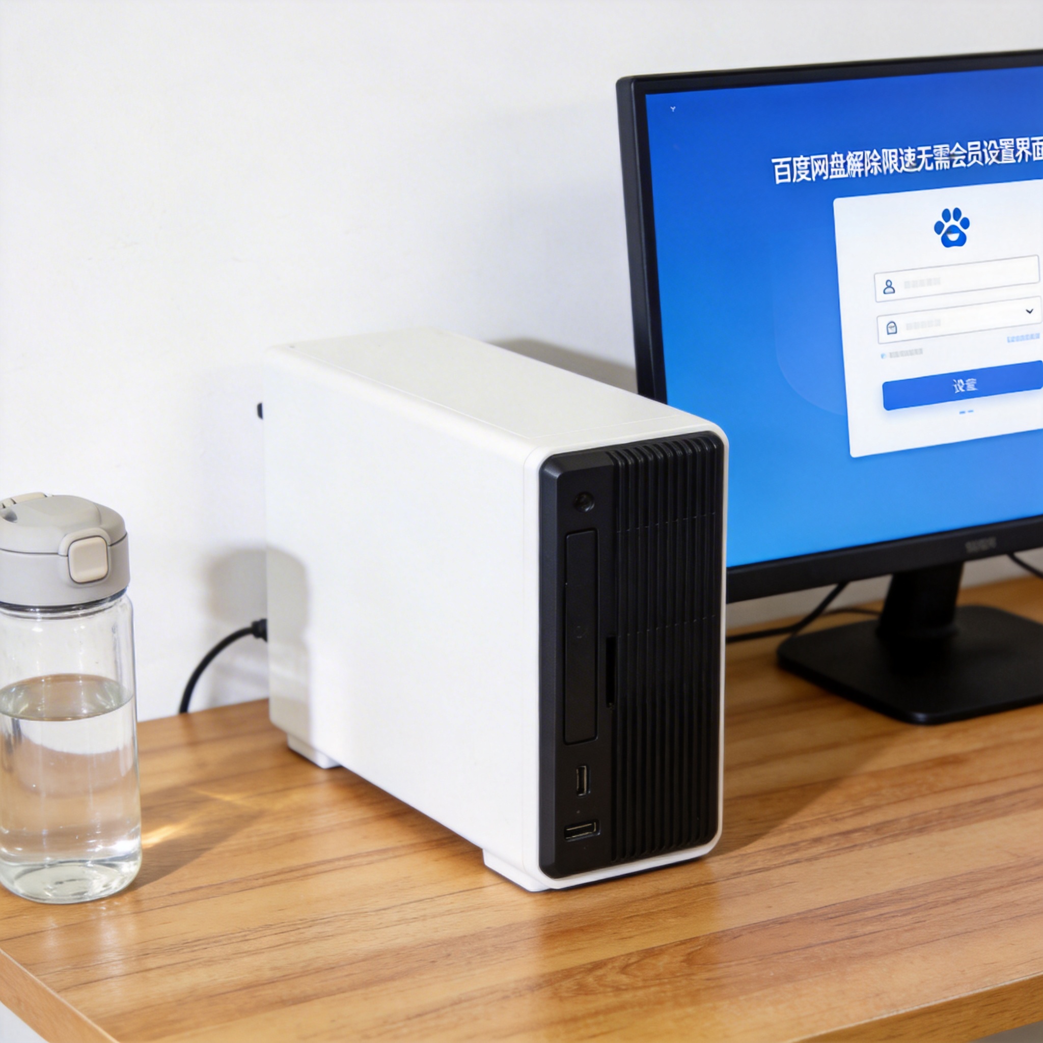 书桌上的主机，屏幕显示百度网盘解除限速无需会员设置界面，桌角放着水杯，自然光