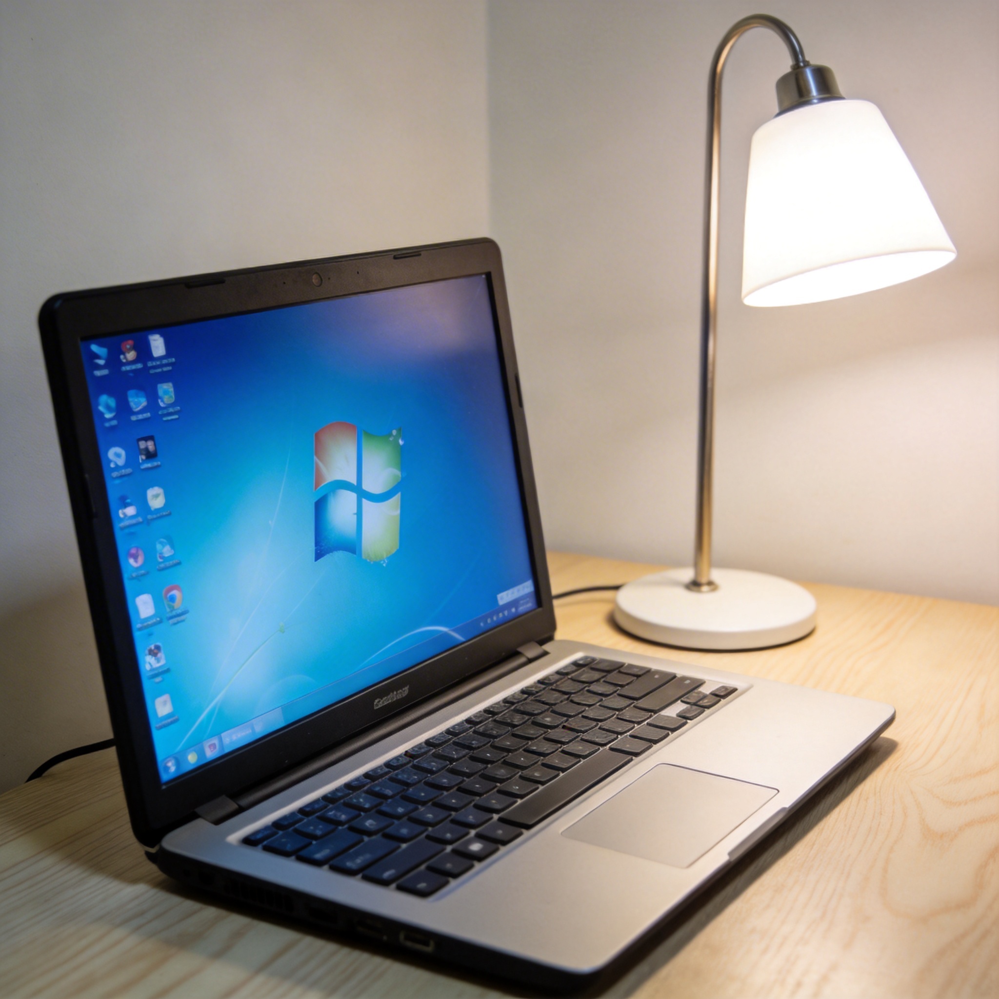 电脑桌上的电脑，屏幕显示Windows界面，旁边放着台灯