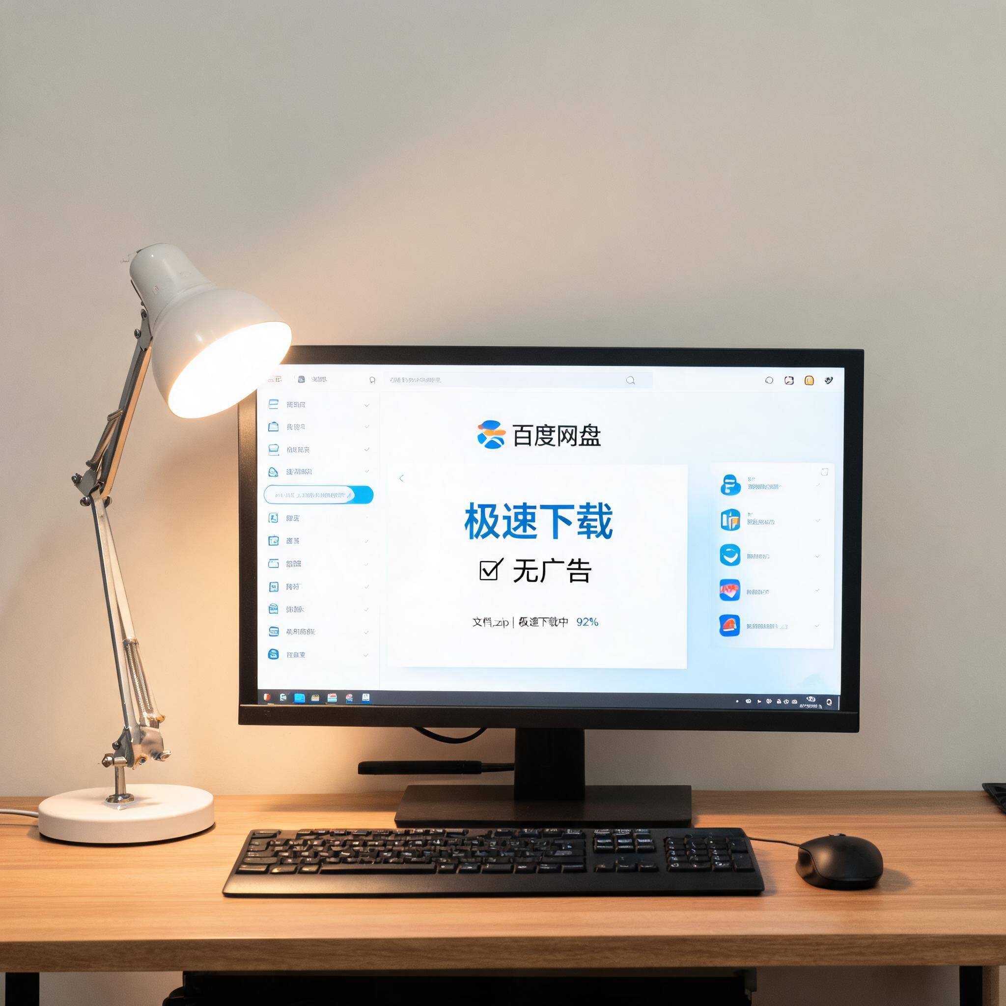电脑桌上的电脑，屏幕显示百度网盘极速下载无广告界面，旁边放着台灯