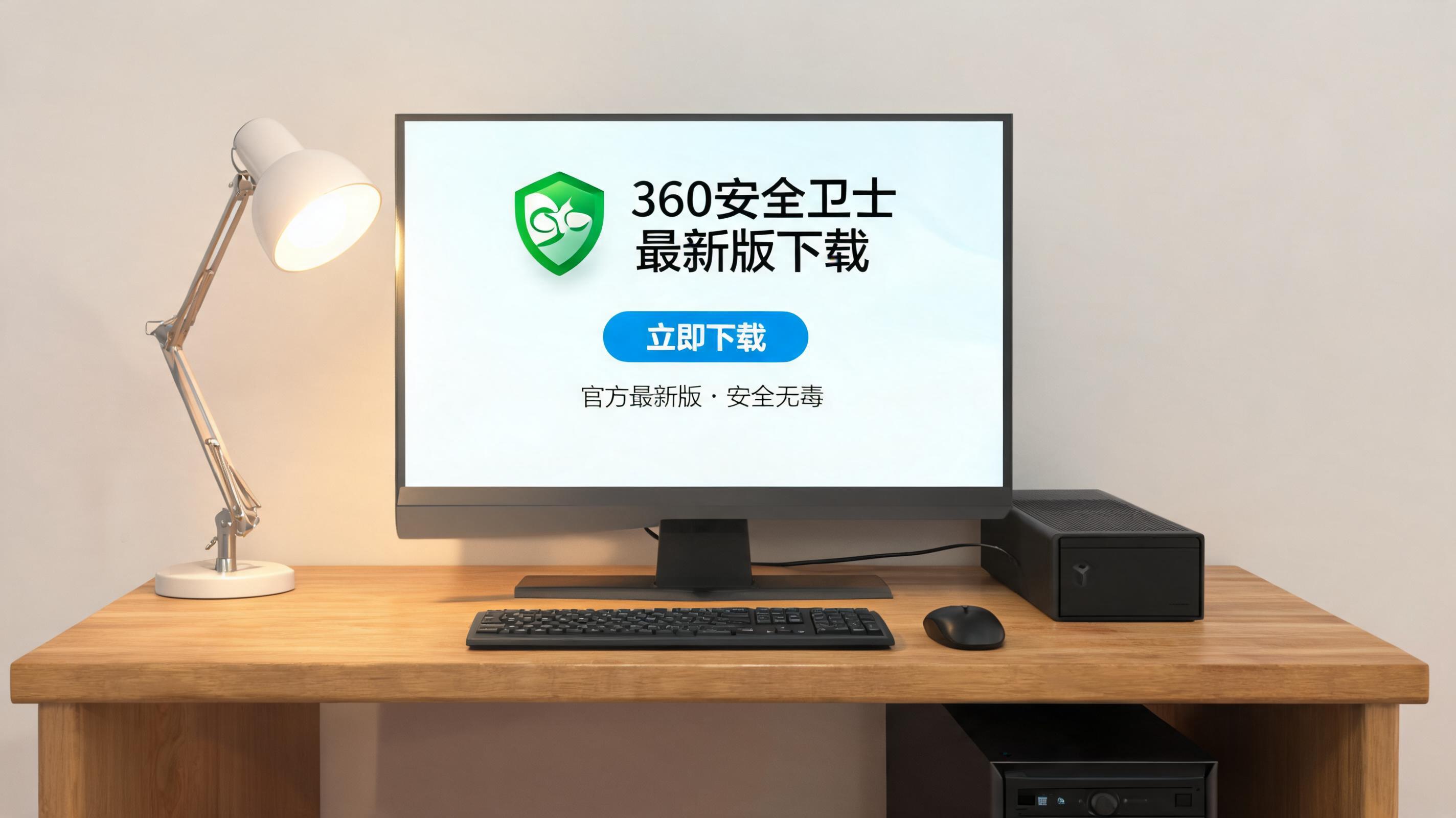 电脑桌上的台式机，屏幕显示360 卫士最新版下载桌面，旁边放着台灯